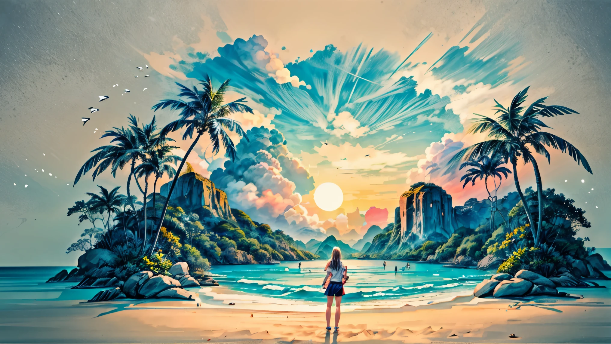 There is a view of a beach with palm trees and a body of water, tropical landscape, tropical beach paradise, tropical beach, on a tropical beach, beautiful tropical island beach, tropical location, beautiful breathtaking beach, beach and tropical vegetation, palm trees on the beach, tropical climate, atmosphere, tropical scenery, beach landscape, beautiful beach, tropical paradise
