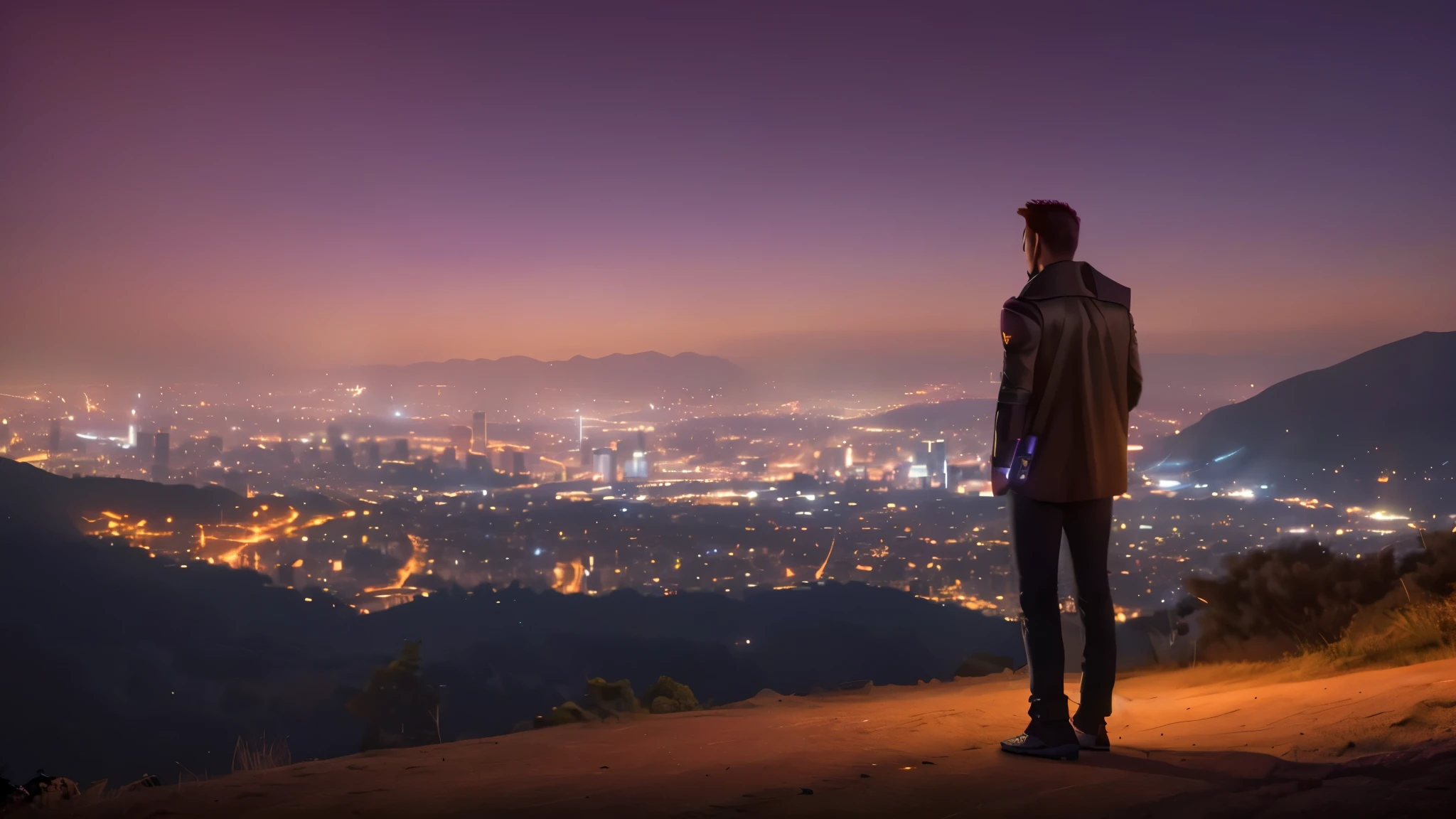 arafed man I'm standing on a hill looking at a city at night, Looking at the city, overlooking a modern city, I look at the city, walking on top of a tiny city, with a city in the background, in front of a fantastic cityscape, I'm standing on a hill, hero pose colorful city lighting, city lights on the horizon, city in the background