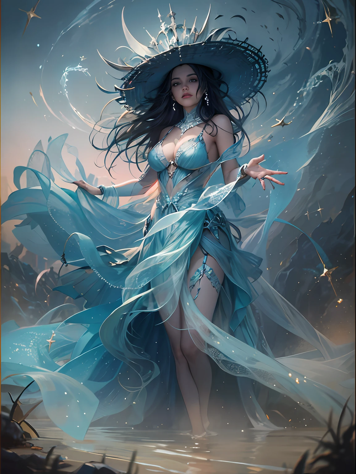 (Jogo King Card:1.5, simetria rotacional),Stephen Gammell,(cowboy shot),Minimalist compositions,ondas do oceano,Maga Feminina,Cocar de cristal requintado, requintada armadura de cristal,Fio Eletroluminescente,brilho sonhador,arte digital conceitual,Azure azul e cinza,(Very detailed, Reasonable design, linhas claras, alta nitidez,melhor qualidade, master part, 4k )