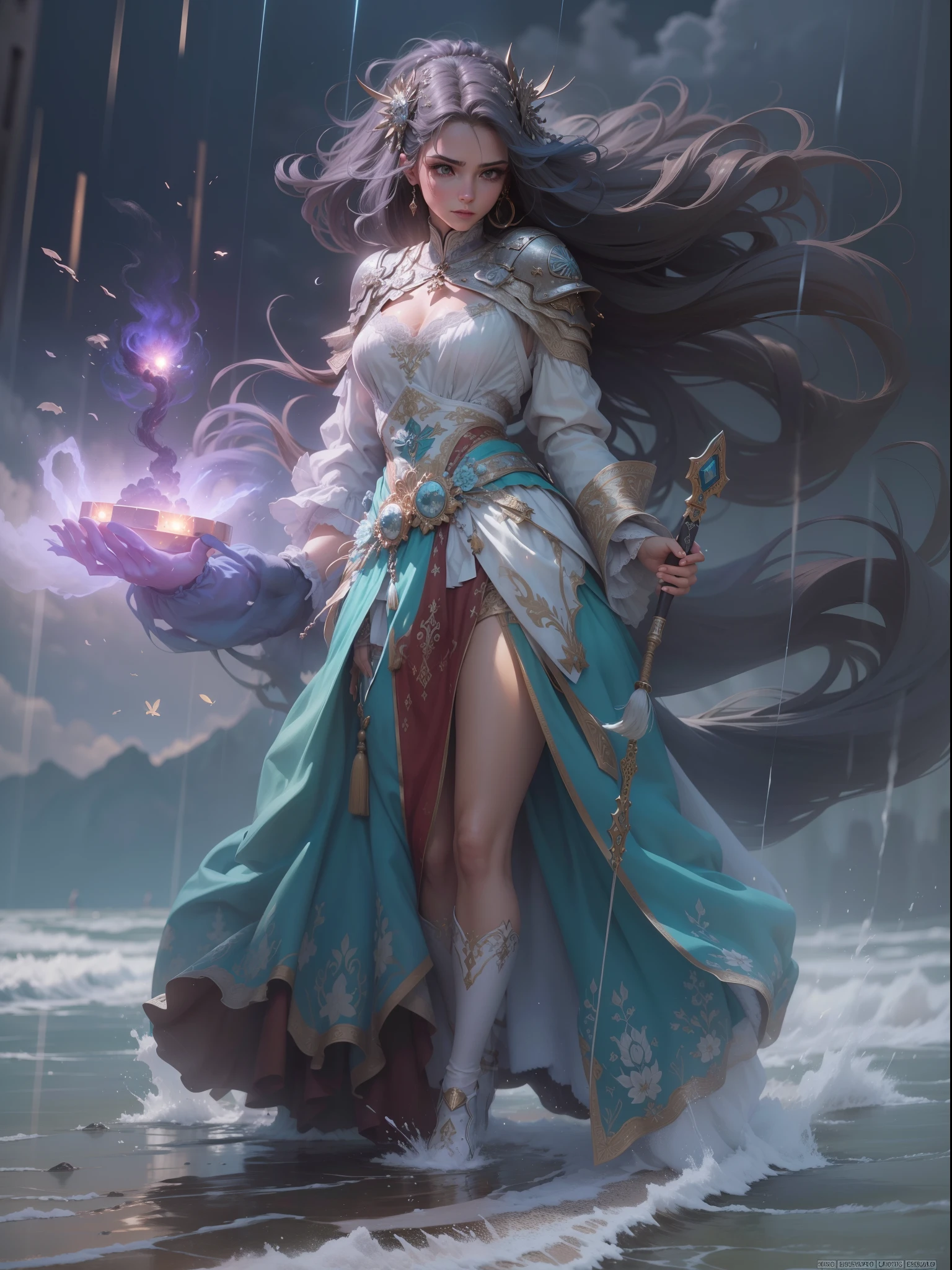 arte 
 obra prima, best quality, illustration, Mulher guerreira viking,  detalhada bonita, brilho bonito detalhado bonito, (Chamas de guerra: 1.2)، (nuclear explosion: 1.3), chuva, Detailed lighting, detailed water, (belos olhos detalhados: 1.1)  no expression, curto, cabelo azul celeste, cabelos desgrenhados, franja longa, cabelo entre os olhos,(vestido cinza-branco:1.1)Faixa Preta, White bows, Intermediate drive, Frente Grande, Olhar vazio, mangas compridas,(melhor qualidade:1.1)،(  A obra-prima:1.4)، (Absurdos:1)