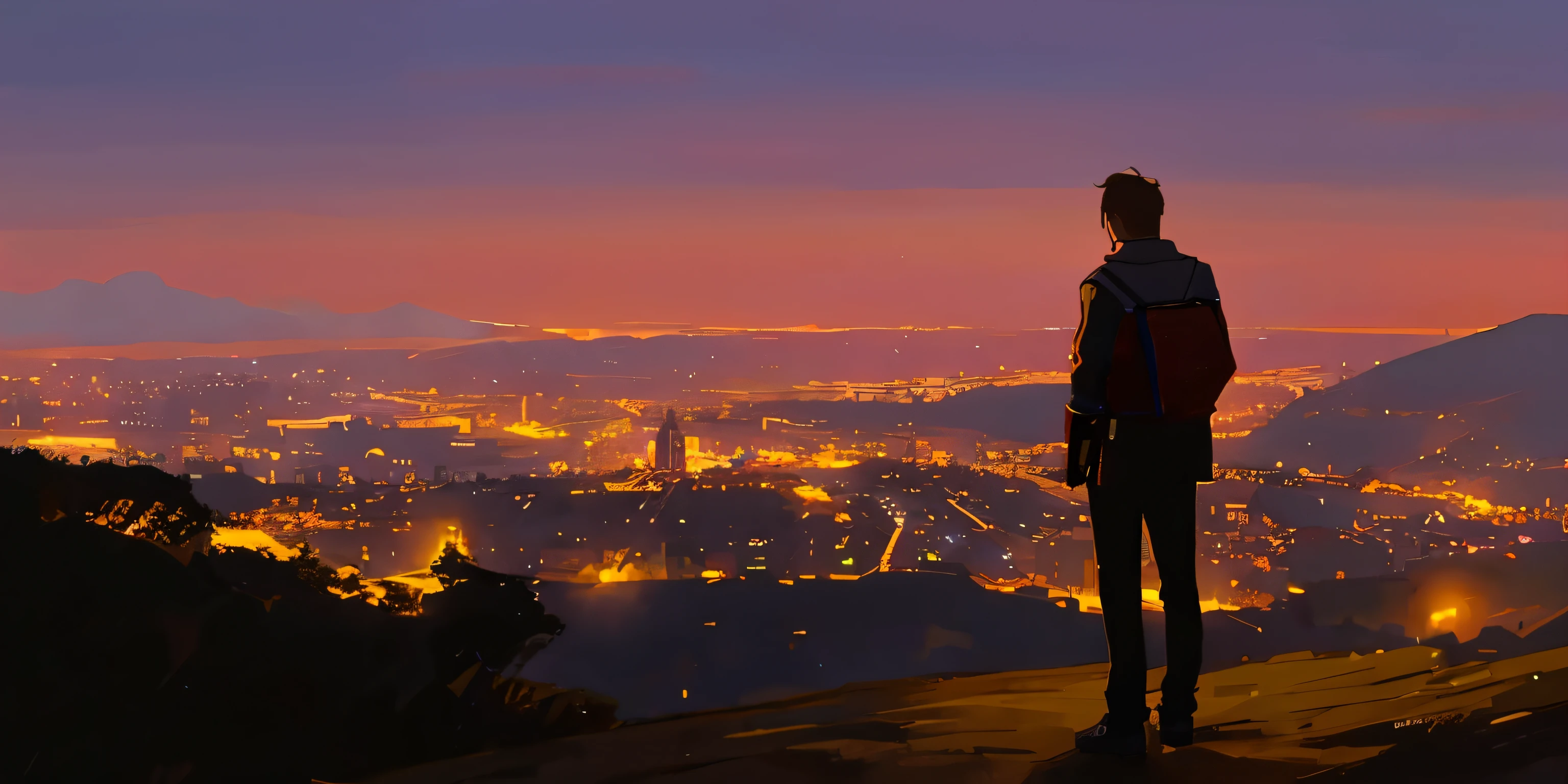 arafed man I'I стою на холме looking at a city at night, I look at the city, overlooking a modern city, I look at the city, walking on top of a tiny city, with a city in the background, in front of a fantastic cityscape, I'I стою на холме, поза героI красочное освещение города, city lights on the horizon, city in the background