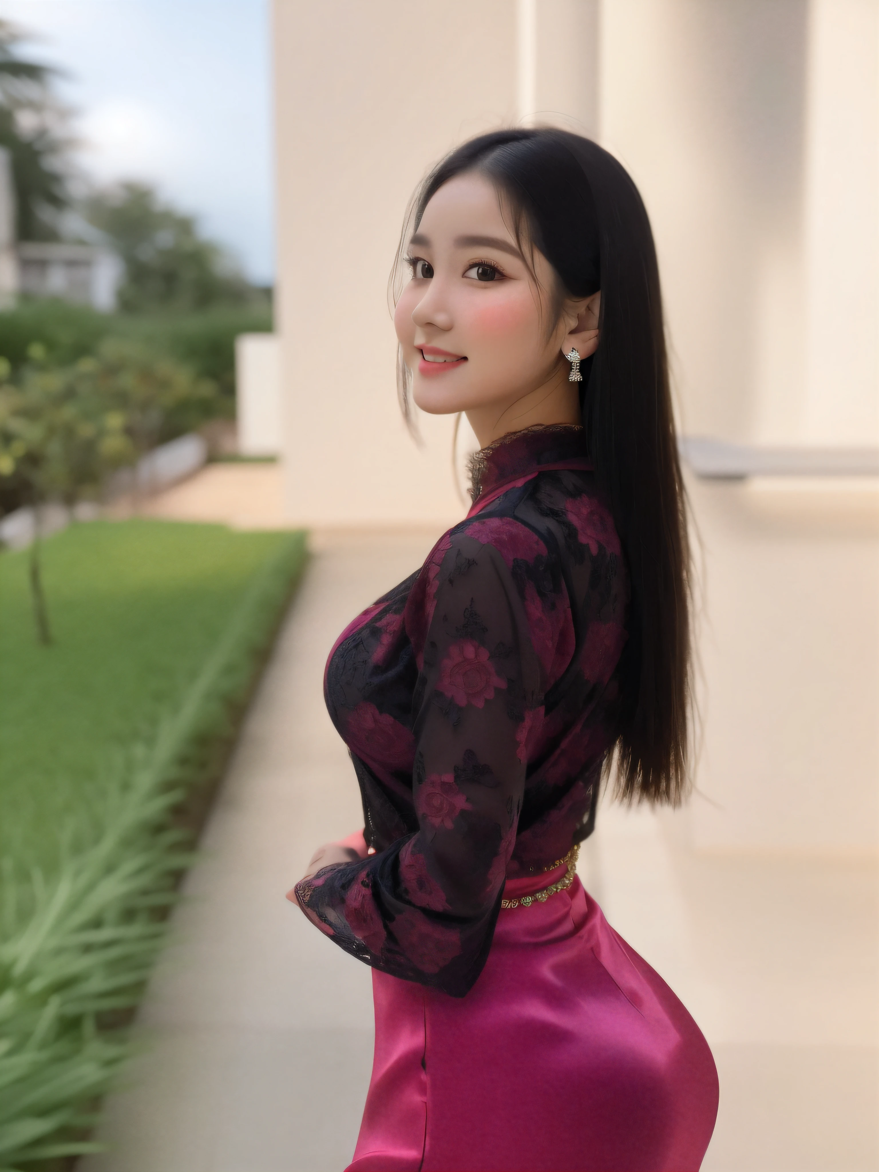 Close-up of a woman in a pink skirt taking a photo., Asian girl, Southeast Asia that has existed for a long time, beautiful Asian girl, young Asian girl, 18 years old, Asian woman, 19 year old girl, very beautiful woman, young asian woman, ผู้Asian woman, Southeast Asians with round faces, Niwan Chandra, best quality, Masterpiece, height, 1 girl, kebaya java transparent silk lace, Silk robes, medium hair, smile, gag,lips, long dress, necklace, decorations, javanese clothes, put on makeup, earring, Big eyes with beautiful details.,indonesian women, Beautiful face,when_body, Tyndall Effect,realistic, Light around the wheel rim, Two tone light,(Highly detailed skin:1.2), 8k uh, DSLR, soft light, High quality, Volumetric light, Straightforward, photo, high resolution, 4k, 8k, Bokeh, In the house, autumn leaves , spring, (gigantic bust:1.5), black underwear