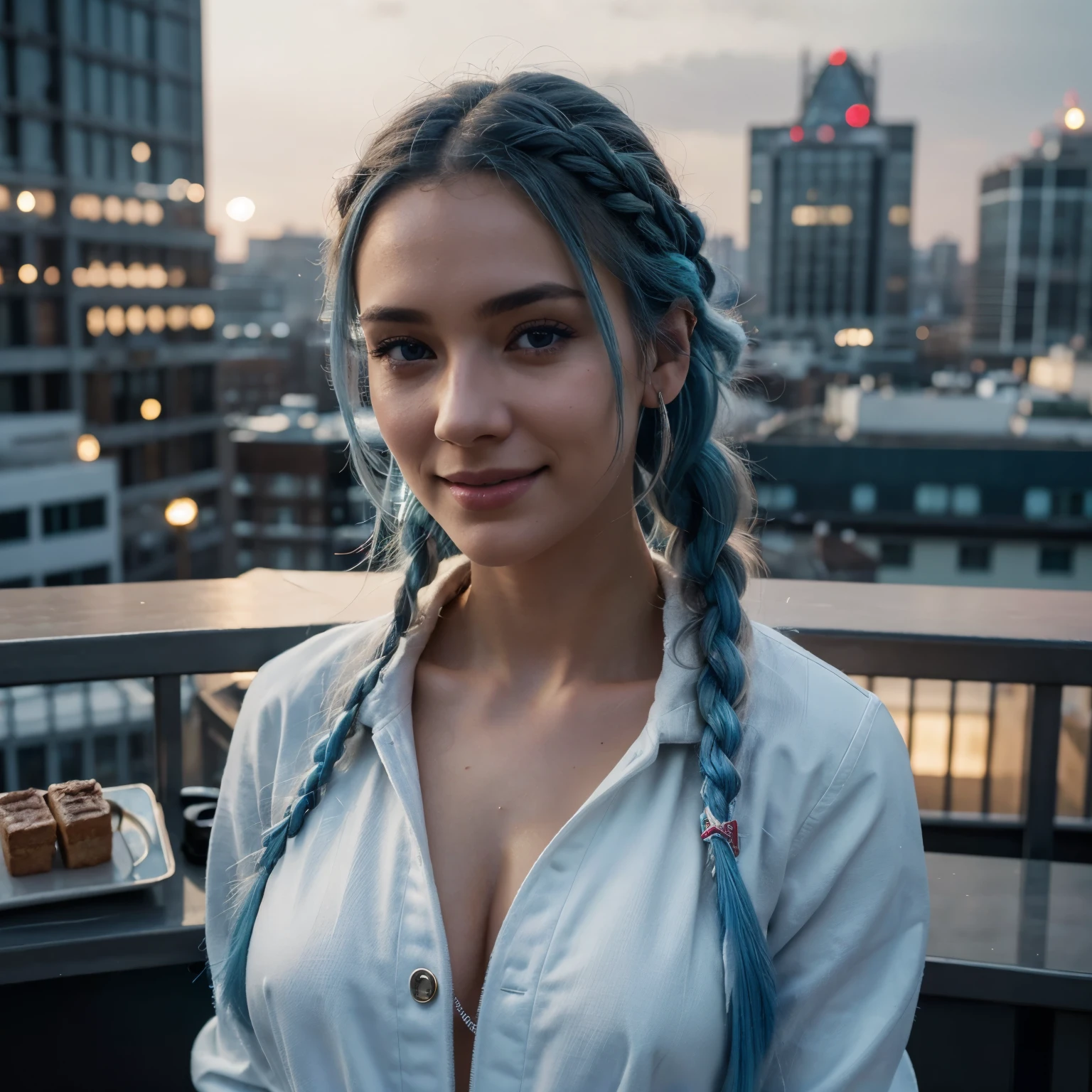  23 year old beautiful woman, happy smile, light blue hair, long braided hair, happy hour at a bar, roof top bar london, white winter jacket, wool top, black jeans, hyper realistic, highest quality, ultra realistic, extremely detailed, hd, HDR, hyper detailed, professional photoshoot, cinematic, ultra detailed, beautiful body, visually rich, concept art, luminous, intricate details, subtle colors, extremely detailed, ultra sharp focus, light particles, attention to detail, grandeur and awe, stunning visual masterpiece, double exposure, 32k, photorealistic, strong outlines, cinematographic scene, highest quality