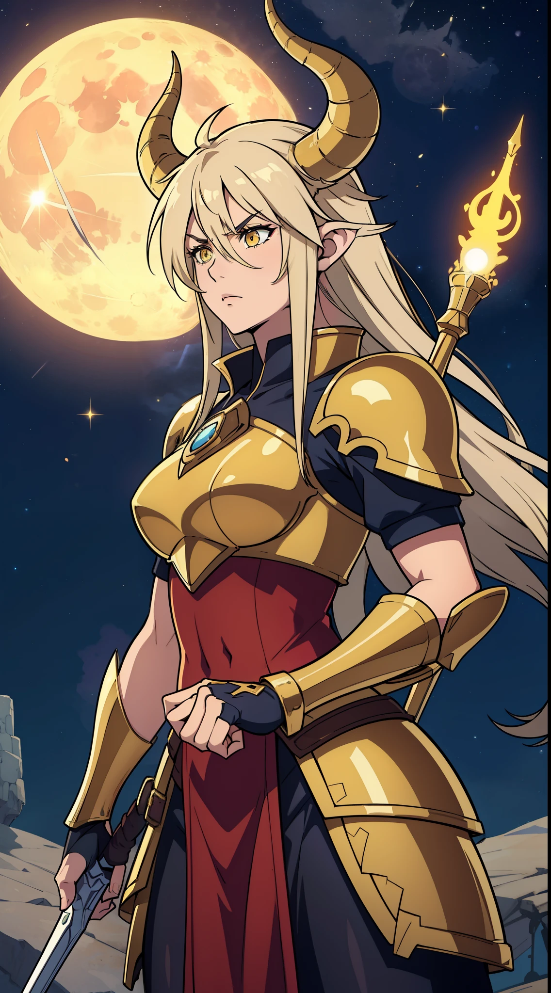 1girl,20s,beautiful girl,horns,long hair,cathyl hair,light blonde hair,gold armor,holding a golden sword,yellow eyes,,Ray Light Glow Lens Flare,((night,night sky,full moon)),serious,battle pose