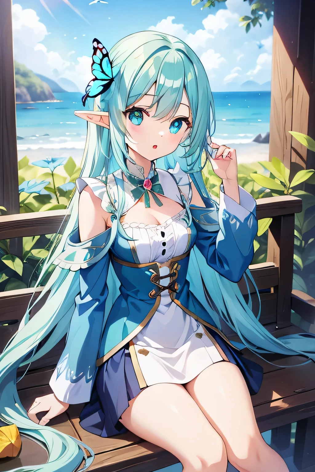 elf, random clothes, long hair, :o, sit, butterfly, aqua eyes, aqua hair, hair ornaments flower pink, random masterpiece