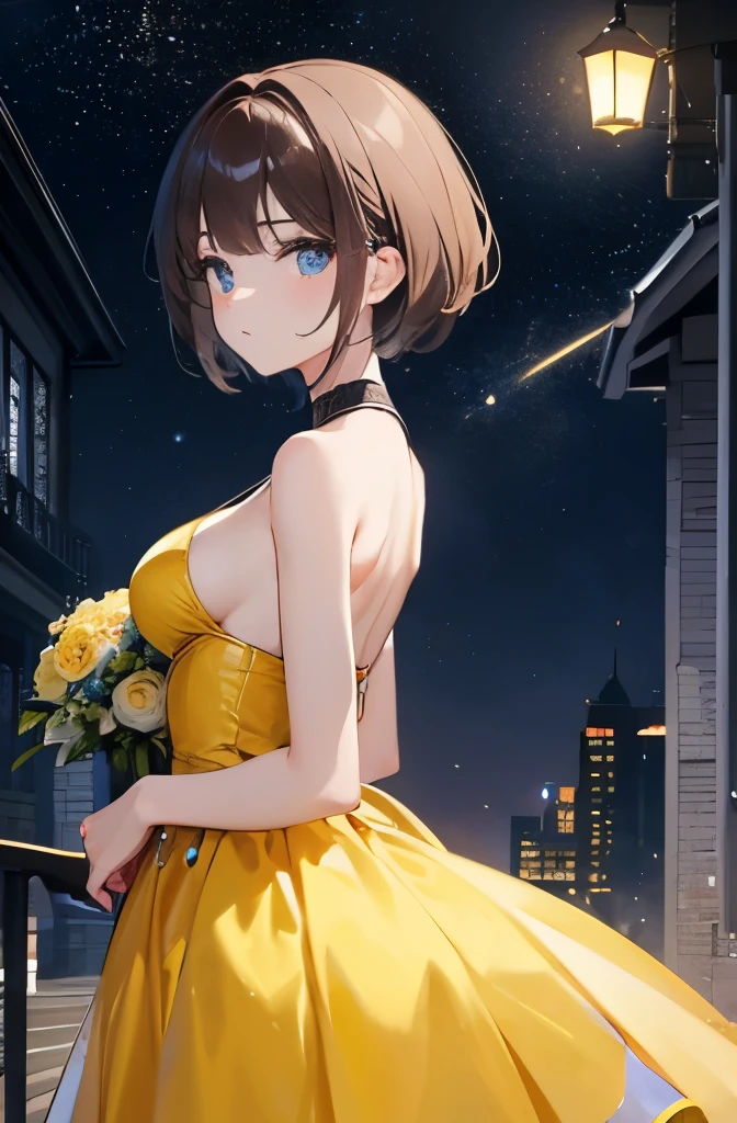 8K, best quality, master piece, ultra-detailed, middle short hair、pale blue eyes、brown hair、medium breasts、Yellow Prom Dresses、yellow heels、wedding style、moonlight、starry night、back view、Turning around、