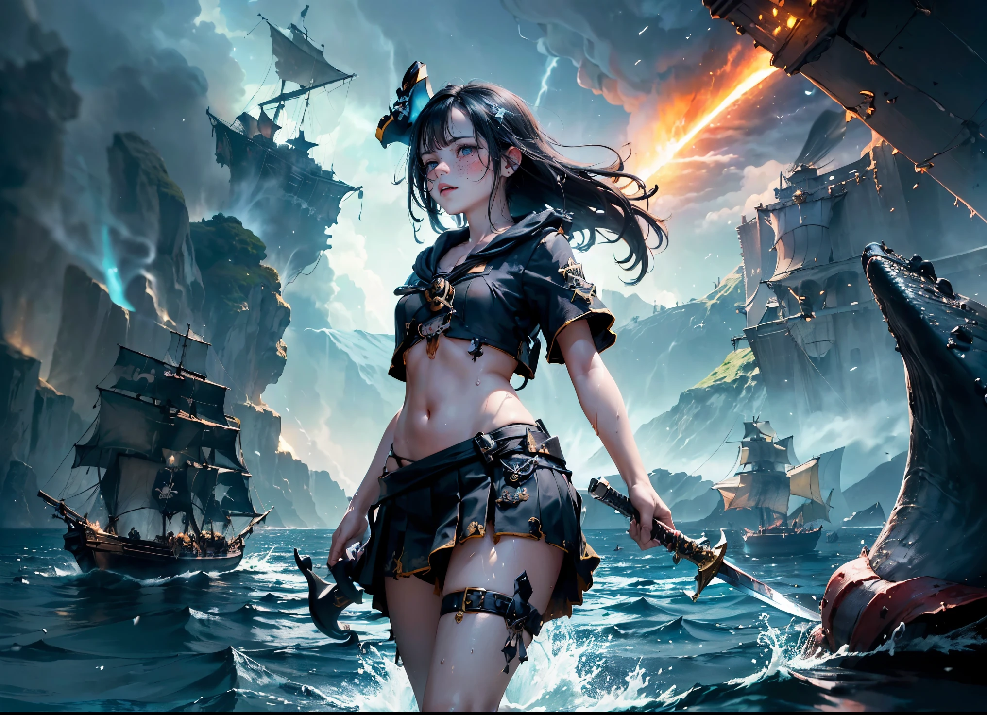 (portrait_of_a_corsair_girl_holding_a_sword_walking_in_shallow_water:1.7), slim, skinny, (see_through_dressed:1.6), (wet),(half_naked), (surface), (coral_reef_surrounded:1.3),(translucent_ocean:1.5), (ocean), (explosion_of_pirate_sailboat_background:1.899), 1girl, (bird), (ship), , (dark_sky:1.446), (thunder:1.53), (storm:1.53), realistic, (beach), cloud, blood, stone, scenery, (wading), (mountain:1.25), (floating_island:1.45), (looking_at_viewer:1.5), prt, air_bubble, aurora, bubble, caustics, plant, scenery, shark, (surreal), waterfall, wave, ,(whale_falling_into_the_water:1.5), prt, (age_of_piracy:1.5)