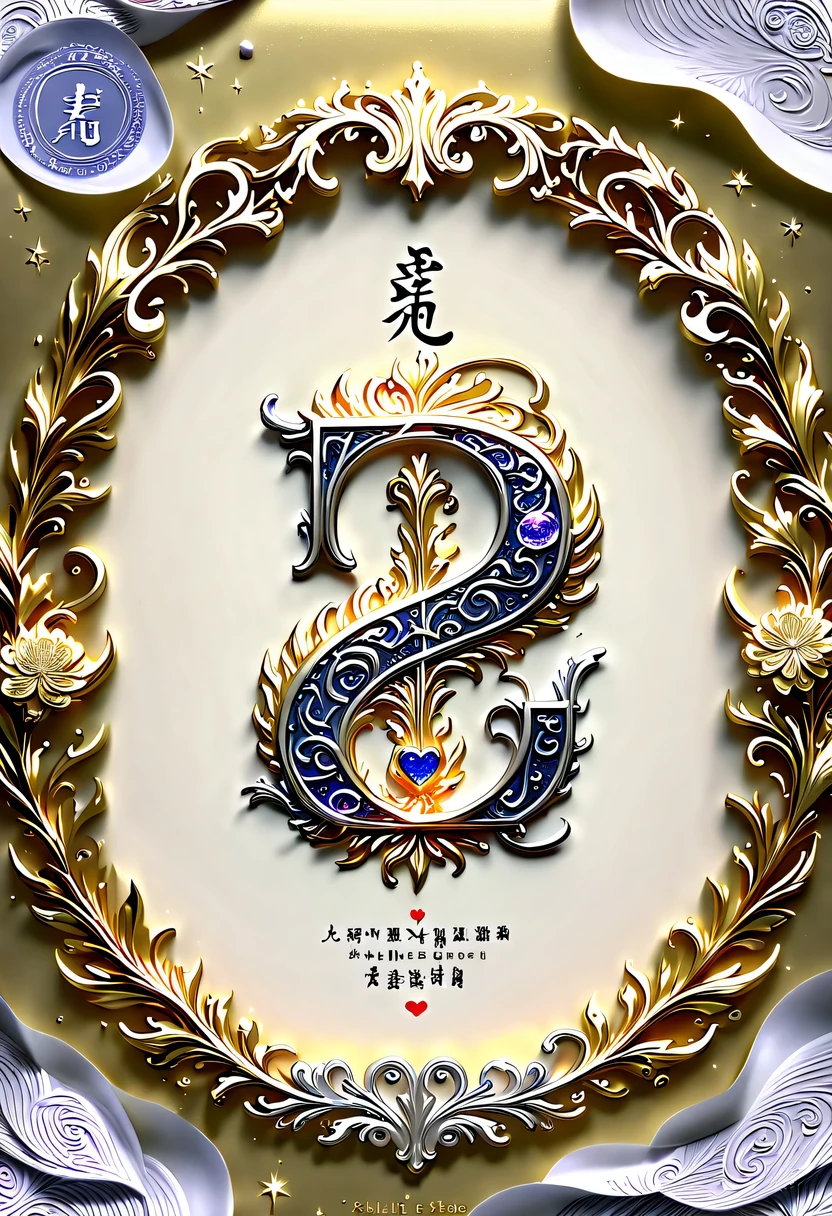 (8k, 16k, Award-winning, best quality, Highest resolution, Super details, high detail, anatomically correct, masterpiece, stunning beauty), (金属letter: 1.3), 火焰内的魔法letter , letter, Detailed decoration, Snowflake carving, Exquisite writing craftsmanship , 英文letter, rare and precious, intricate details, 魔法letter由一种叫做山铜的金属制成, no gems, (英文letter"like": 1.5), Impeccable, platinum, white, gold and silver, Trapped in a world of fire.