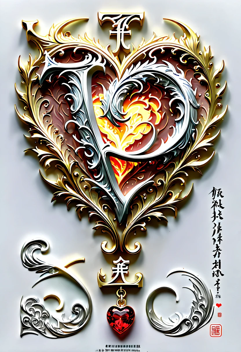 (8k, 16k, Award-winning, best quality, Highest resolution, Super details, high detail, anatomically correct, masterpiece, stunning beauty), (金属letter: 1.3), 火焰内的魔法letter , letter, Detailed decoration, Text engraving, Exquisite writing craftsmanship , 英文letter, rare and precious, intricate details, 魔法letter由一种叫做山铜的金属制成, no gems, (text"I love you": 1.3), Impeccable, platinum, white, gold and silver, Trapped in a world of fire.