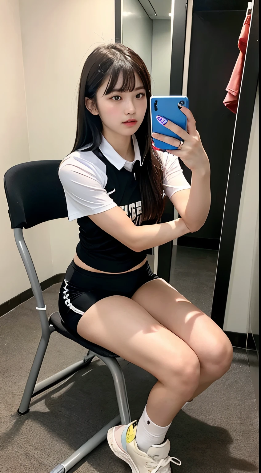 ((realistic lighting, highest quality, 8K, masterpiece, medium shot: 1.3)), clear focus: 1.2, 1 girl, perfect figure: 1.4, plump bust,((long black hair)),((With bangs)),In the changing room, Lockers etc. in the background,sitting on a chair,Moderately thin calves,exposed thighs,white ankle-length socks,white sneakers,super fine face, fine eyes, double eyelid,Bloomers worn by female track and field athletes、Short sleeve T-shirt with collar,Taking a selfie with a black smartphone in his right hand,Your face is hidden by your smartphone