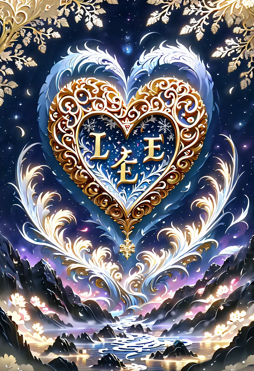 (8k, 16k, Award-winning, best quality, Highest resolution, Super details, high detail, anatomically correct, masterpiece, stunning beauty), (金属letter: 1.3), 火焰内的魔法letter , letter, Detailed decoration, Snowflake carving, Exquisite writing craftsmanship , 英文letter, rare and precious, intricate details, 魔法letter由一种叫做山铜的金属制成, no gems, (英文letter"like": 1.4), Impeccable, platinum, white, gold and silver, Trapped in a world of fire.