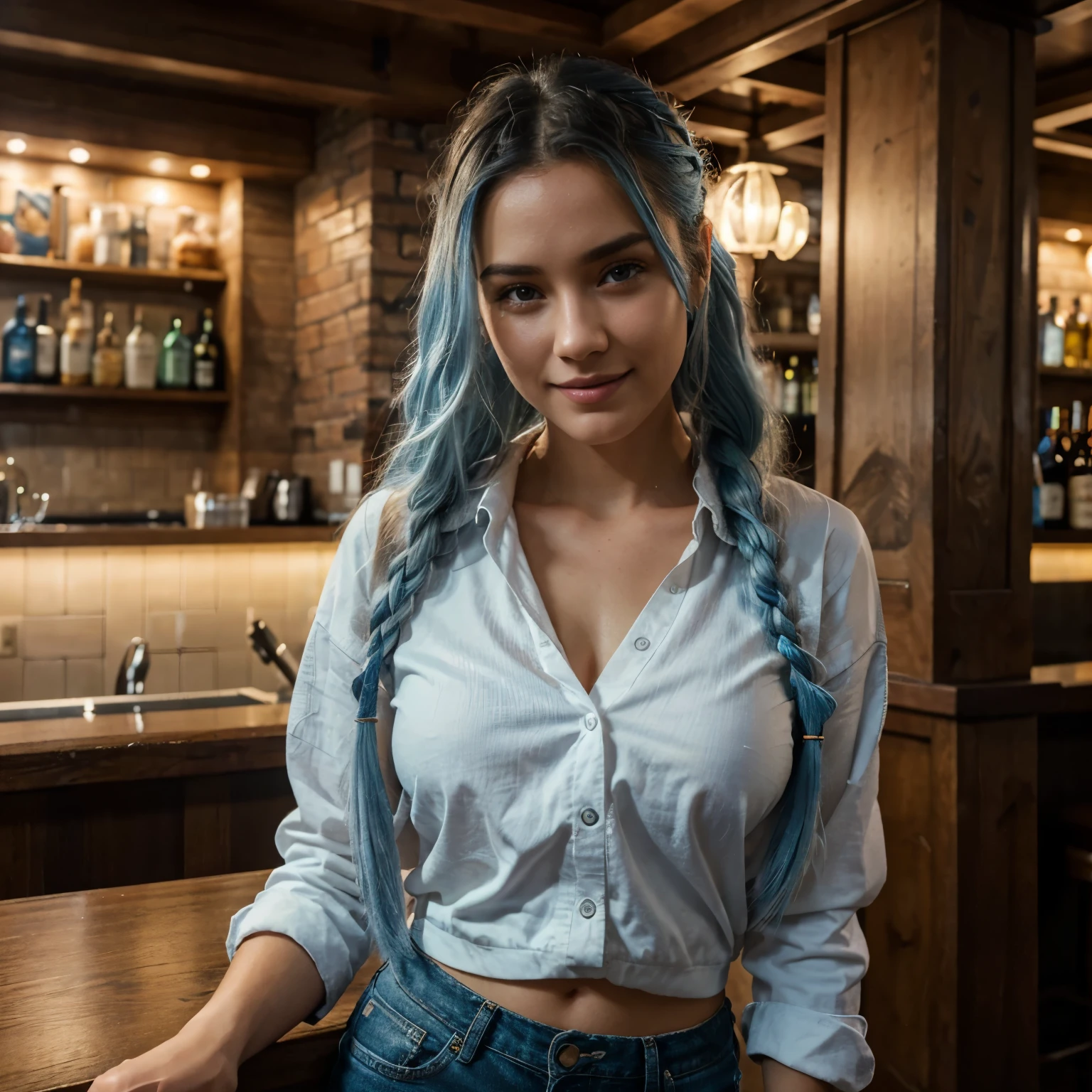  23 year old beautiful woman, happy smile, light blue hair, long braided hair, happy hour at a bar, roof top bar london, white winter jacket, shirt, wool top, black jeans, fully clothed, hyper realistic, highest quality, ultra realistic, extremely detailed, hd, HDR, hyper detailed, professional photoshoot, cinematic, ultra detailed, beautiful body, visually rich, concept art, luminous, intricate details, subtle colors, extremely detailed, ultra sharp focus, light particles, attention to detail, grandeur and awe, stunning visual masterpiece, double exposure, 32k, photorealistic, strong outlines, cinematographic scene, highest quality