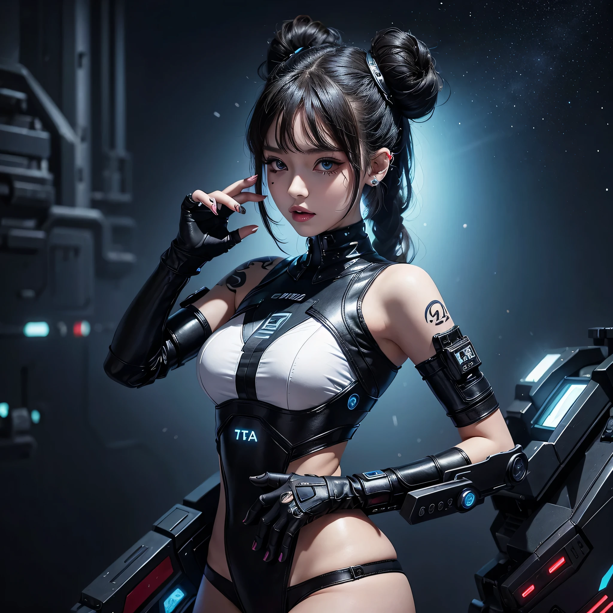 Beautiful teen and a cyber punk outfit. Tattoos. Some piercings. Ultra quality 128k. Spacebun hairstyle.