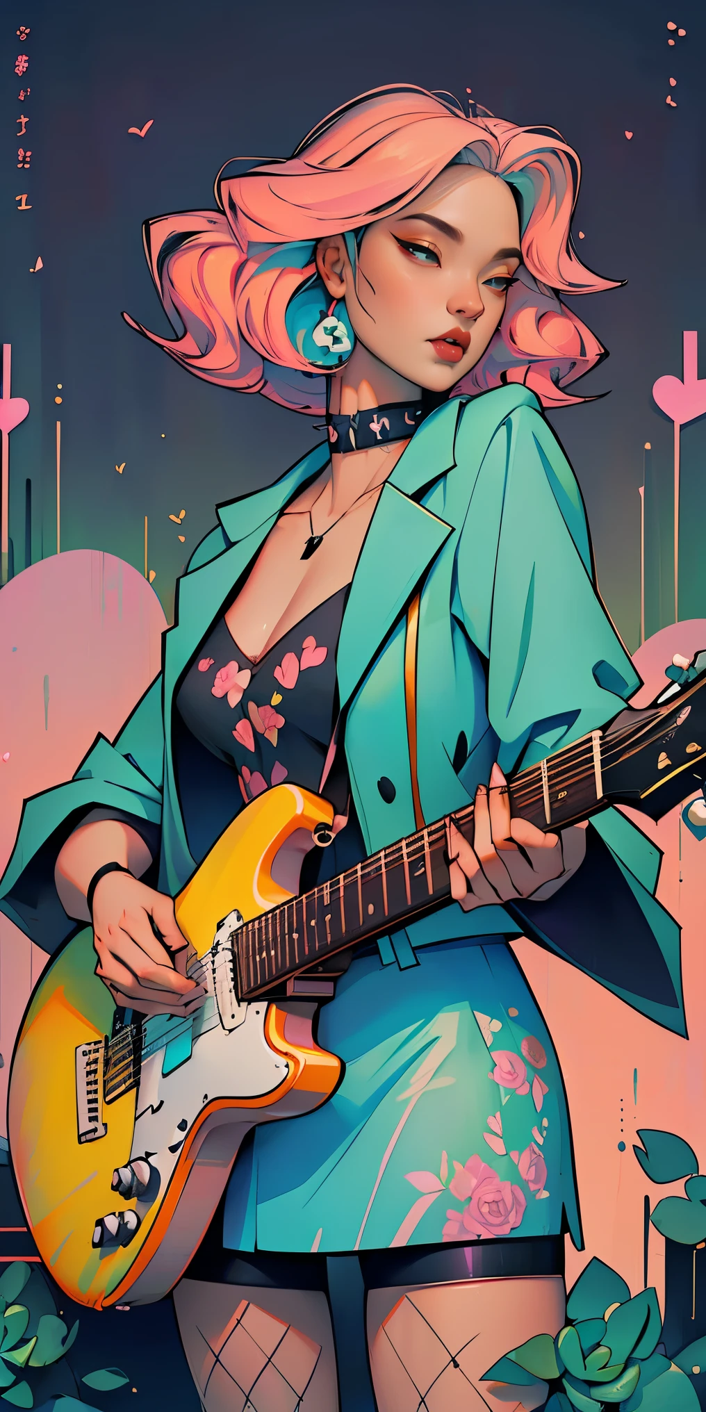 Background, In chic boho style, in club, Ice cream print, multi-colored neon lights, neon garlands, rose hair, mixed-language_SMS, Japanese, (beautiful and clear background:1.2),, fantastic paintings ,graffit style, highly detail eyes , underwear, lace, latex, Pink, Purple, mint, Blue, Yellow, belve, lavender hair, Skull Print, body piercings, Loving, Love, ultra detail hair, Masterpiece, Best Quality, hiquality, hight resolution, detail enhancement, ((most beautiful image in the world)), Masterpiece, Best Quality, hiquality, hight resolution, detail enhancement, ((most beautiful image ), Shiny pink degrade hair, Ultra Short Fitted Stampa, art by stjepan sejic, art by j scott campbell, Artist Guillem March, art by citemer liu, 4k, hight resolution, comic book character, comic, high quality detailed, style of ::2.0 comix illustration style,tatoon style, hiquality, hight resolution, detail enhancement, 8K, HD, Best Quality, hiquality, hight resolution, detail enhancement, 8K, HDR, sharp-focus, Ultra Detailed, perfect lighting, Curvy Body, Lush breasts, Curvy hips, skull print on clothes, rock, rock star, Cool,black leather jacket with skull print, style of, spikes, Punk Rock, Wolf, Cat's ears, Cool bracelets, Choker, calavera, gotik, Short shorts, fishnet pantyhose, (((plays the guitar))) plays the electric guitar, Plays, electric guitar, musician, guitarist, neon strings, virtuoso, Heart Print, Heart, glares, Multi-colored highlights, disco, cacti, Succulents,