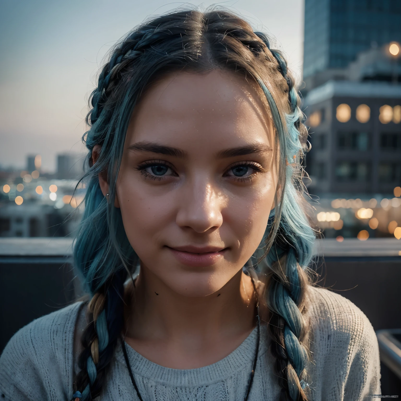 23 year old beautiful woman, happy smile, light blue hair, long braided hair, happy hour at a bar, roof top bar london, white winter jumper, fluffy jumper, wool top, black jeans, fully clothed, hyper realistic, highest quality, ultra realistic, extremely detailed, hd, HDR, hyper detailed, professional photoshoot, cinematic, ultra detailed, beautiful body, visually rich, concept art, luminous, intricate details, subtle colors, extremely detailed, ultra sharp focus, light particles, attention to detail, grandeur and awe, stunning visual masterpiece, double exposure, 32k, photorealistic, strong outlines, cinematographic scene, highest quality