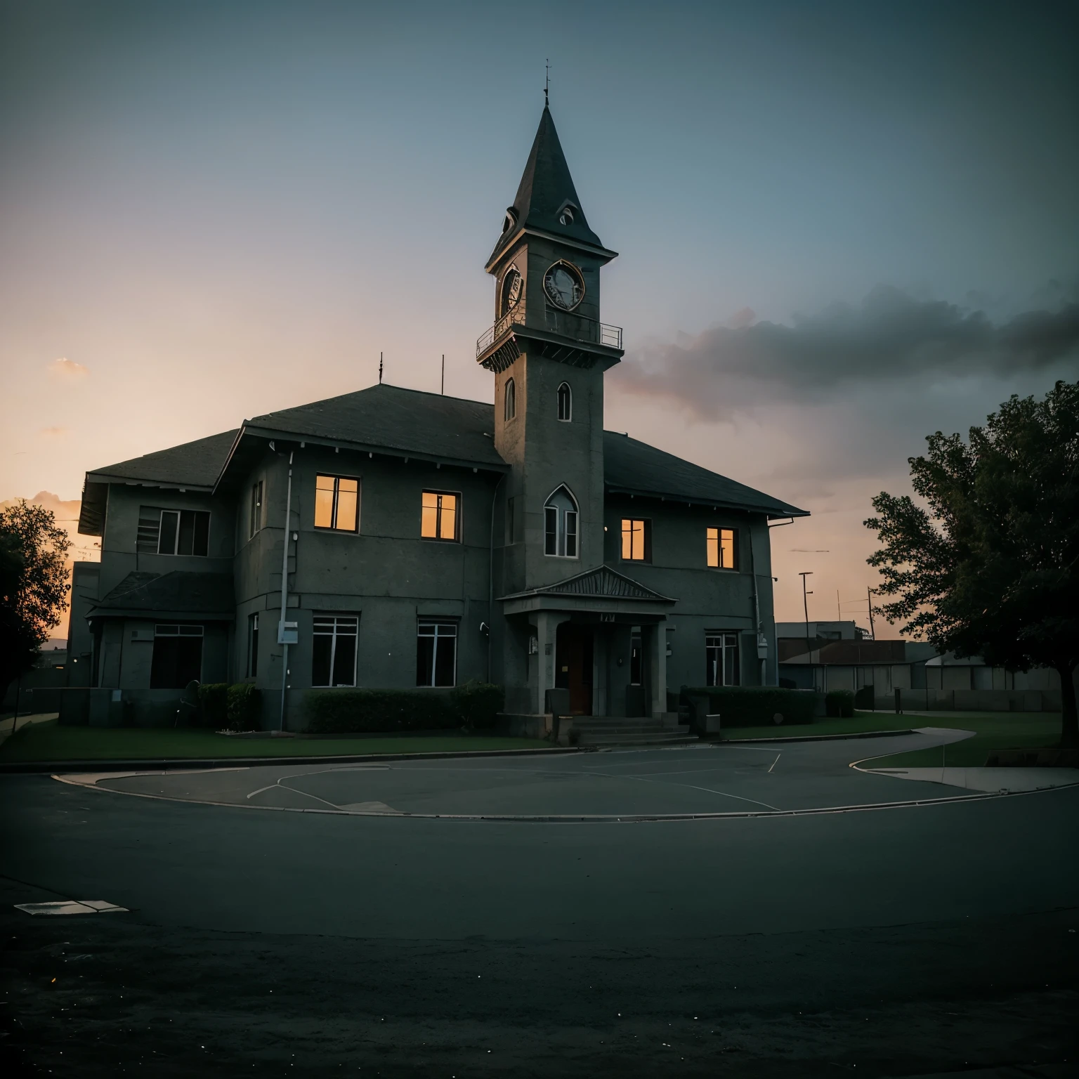 A outside drawling of a magic fariy school and there is so much cooler and it’s light in the sky but right by the school there is a bad school with dark colers and a black sky