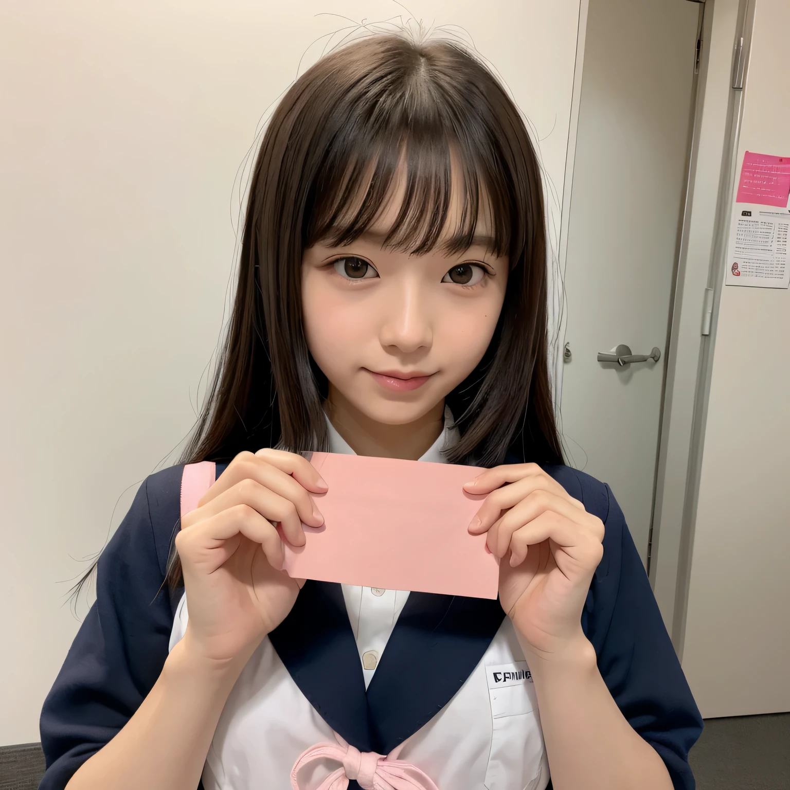 realistic pictures、Highest品質、ultra high resolution、Professional specifications、((とてもロリなprimary school studentが手紙を差し出す))、(((Hold the letter with both hands)))、school classroom、sailor suit、primary school student、lolicon、Highest、10 years old、love confession、pink square letters、embarrassing、blush、