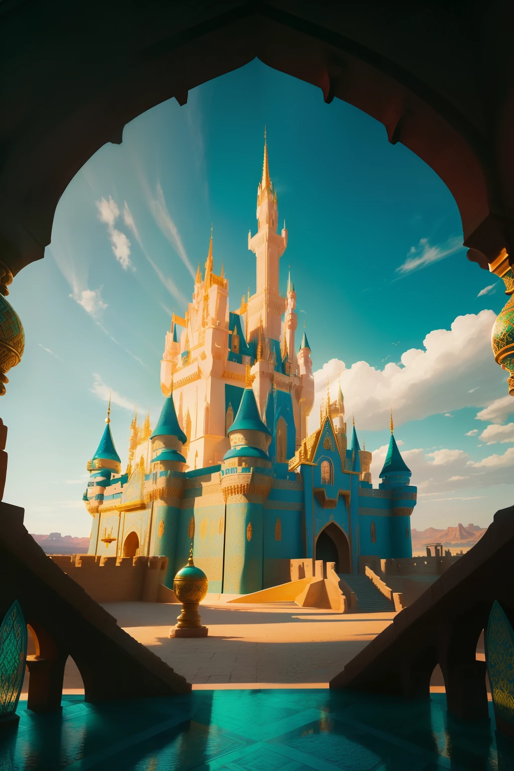 ((Impeccable detail)), ((finest quality)), ultra-high resolution, A breathtaking view of a Disney castle inspired by Arabian architecture. The castle stands tall and majestic against a clear blue sky, with the backdrop of a vast desert stretching as far as the eye can see. The intricate details of the castle's design are mesmerizing, with golden domes, ornate arches, and delicate filigree patterns adorning every inch. The castle's exterior is adorned with shimmering mosaics in vibrant shades of turquoise, emerald, and gold, reflecting the rich cultural heritage of the region. The entrance is guarded by towering pillars, embellished with intricate carvings of mythical creatures. As the sunlight dances on the castle's surface