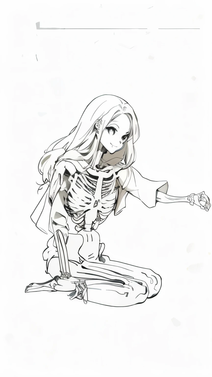 Skeleton Woman，cute，Smiling，Kneel and sit on the ground，best quality，Two-dimensional painting style