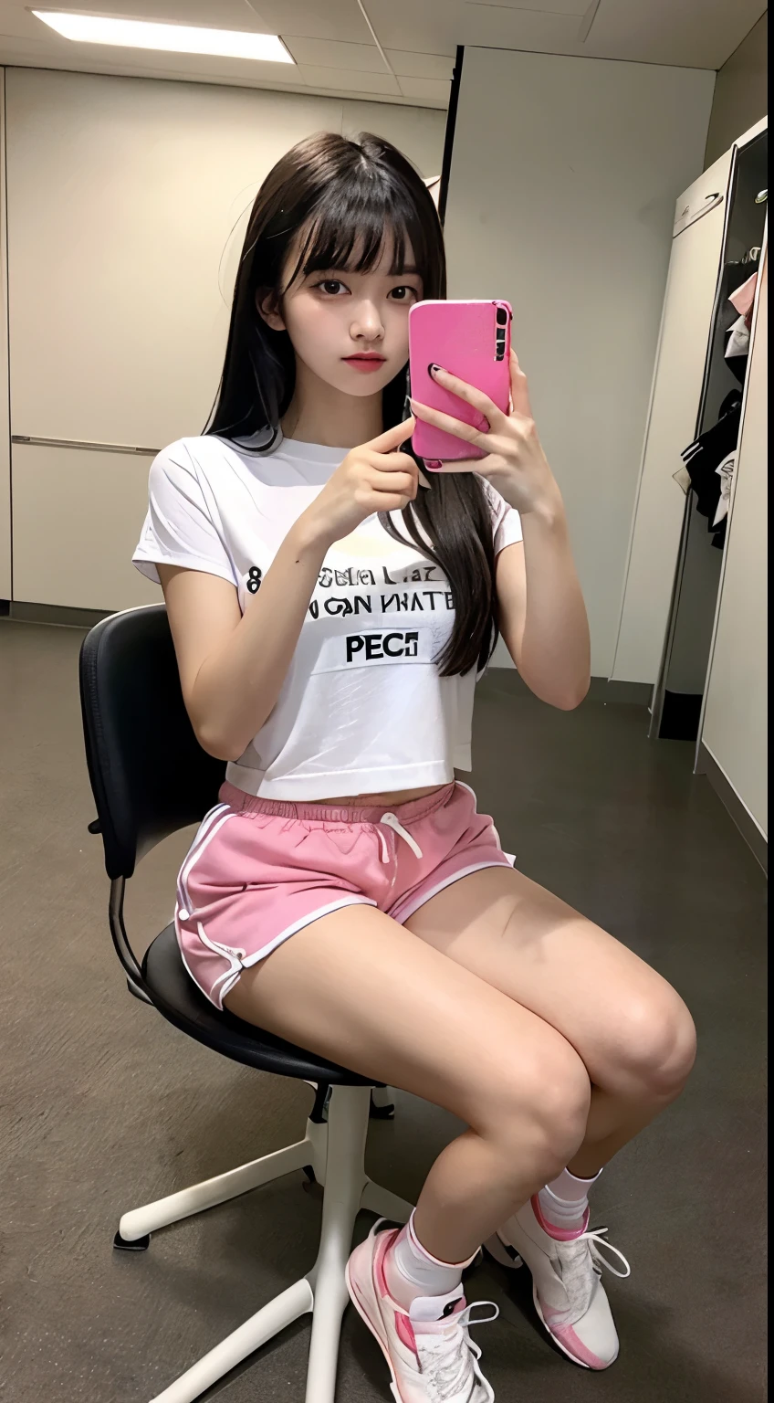 ((realistic lighting, highest quality, 8K, masterpiece, medium shot: 1.3)), clear focus: 1.2, 1 girl, perfect figure: 1.4, plump bust,((long black hair)),((With bangs)),In the changing room, Lockers etc. in the background,sitting on a chair,Moderately thin calves,exposed thighs,white ankle-length socks,white sneakers,super fine face, fine eyes, double eyelid,Pink bloomers worn by female track and field athletes、Round neck pink short sleeve T-shirt,Taking a selfie with a black smartphone in his right hand,Your face is hidden by your smartphone