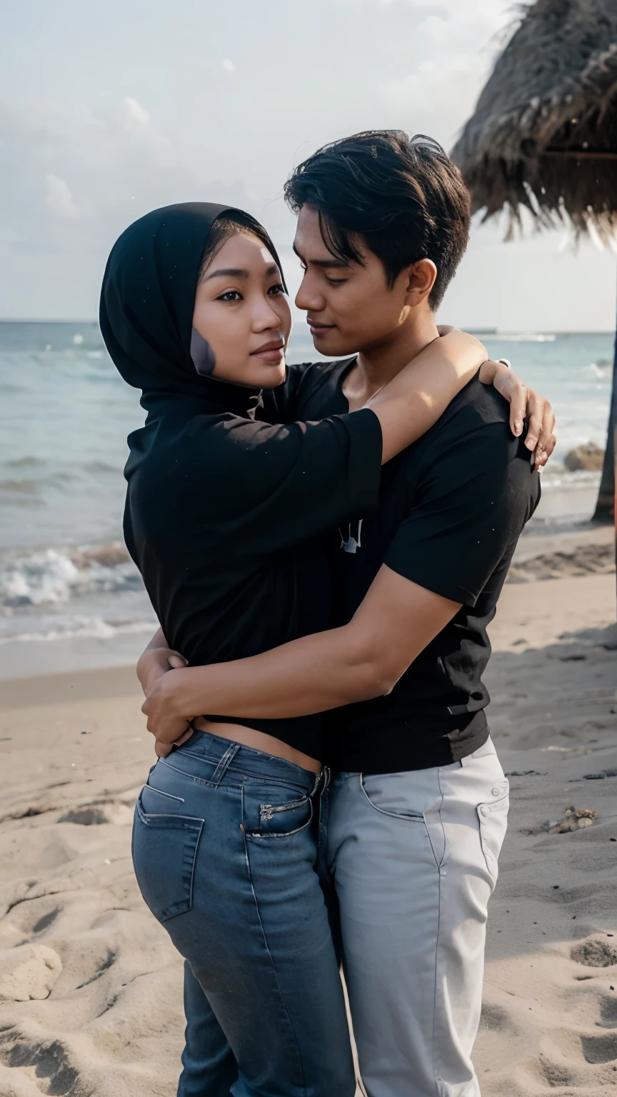 photo of an Indonesian couple on the beach in the afternoon. 21 year old man, short hair, wearing a plain black t-shirt, gray trousers. The 19 year old girl was wearing a long black and white striped t-shirt, a black hijab, and blue jeans. hugging a guy. was sitting on a folding chair. White sandy beach background.