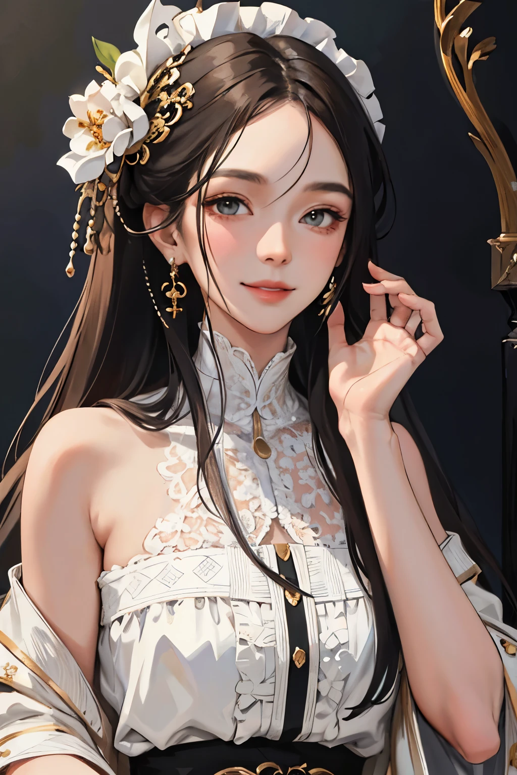 (masterpiece:1.2, best quality), (real picture, intricate details), 1lady, solo, upper body, casual, long hair, minimal makeup, natural fabrics, close-up face, smile, home