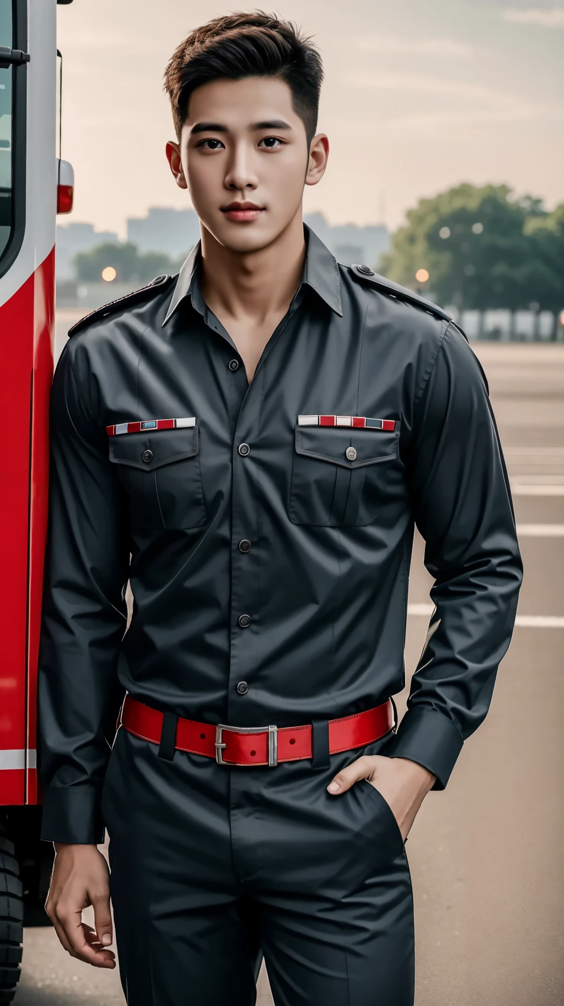 Best quality , Handsome, Military youth, fireman，exteriors，fire truck, full body, sexy, shirtless, chest hair, puberty hair, facial hair,8k 