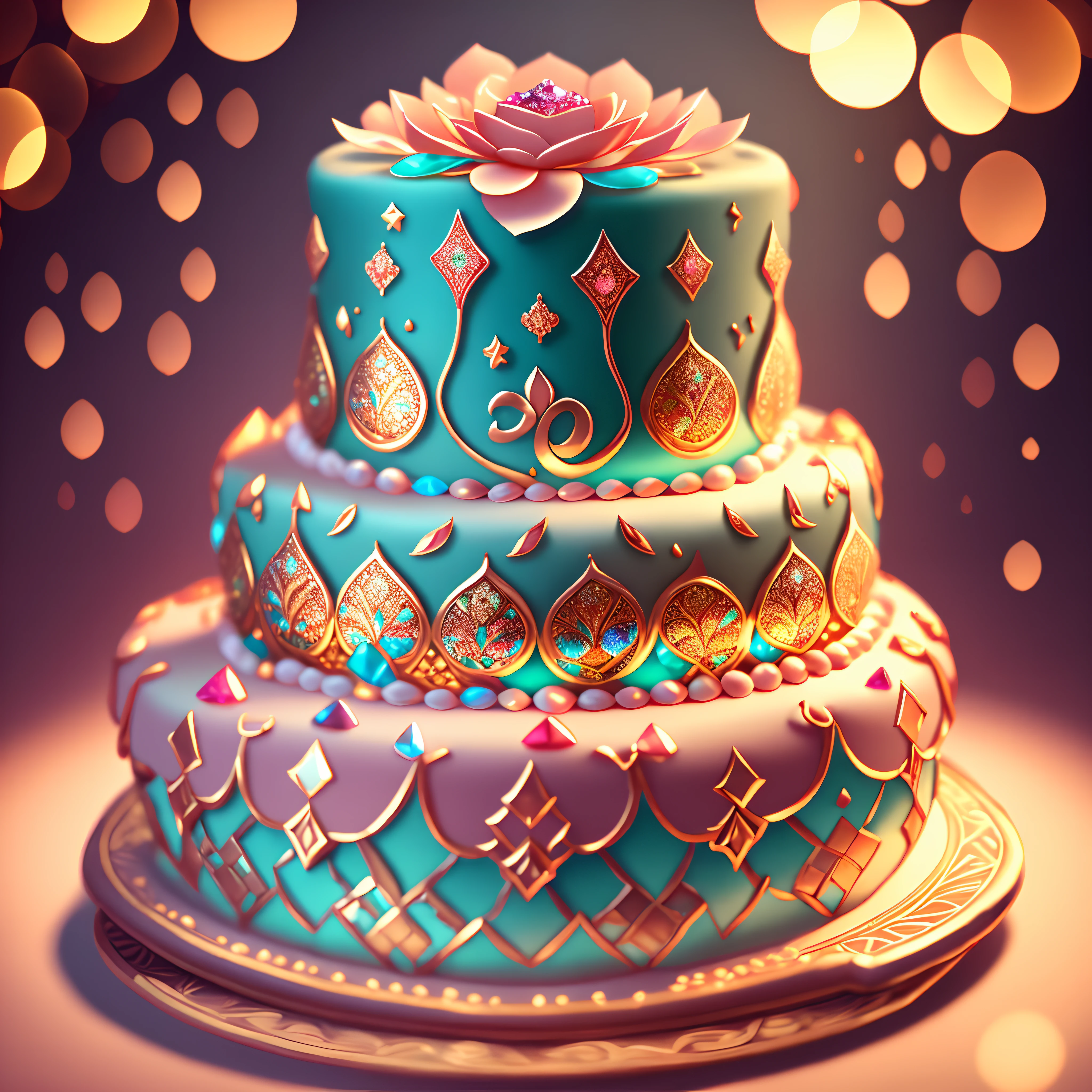 Birthday cake filled with gems,anatomy correct，Delicate pattern，ancient china art style，Oriental elements，Clean colors,simplebackground, Soft lighting, ( Bokeh)，Masterpiece, Super detailed, Epic composition, Highest quality, 4K，