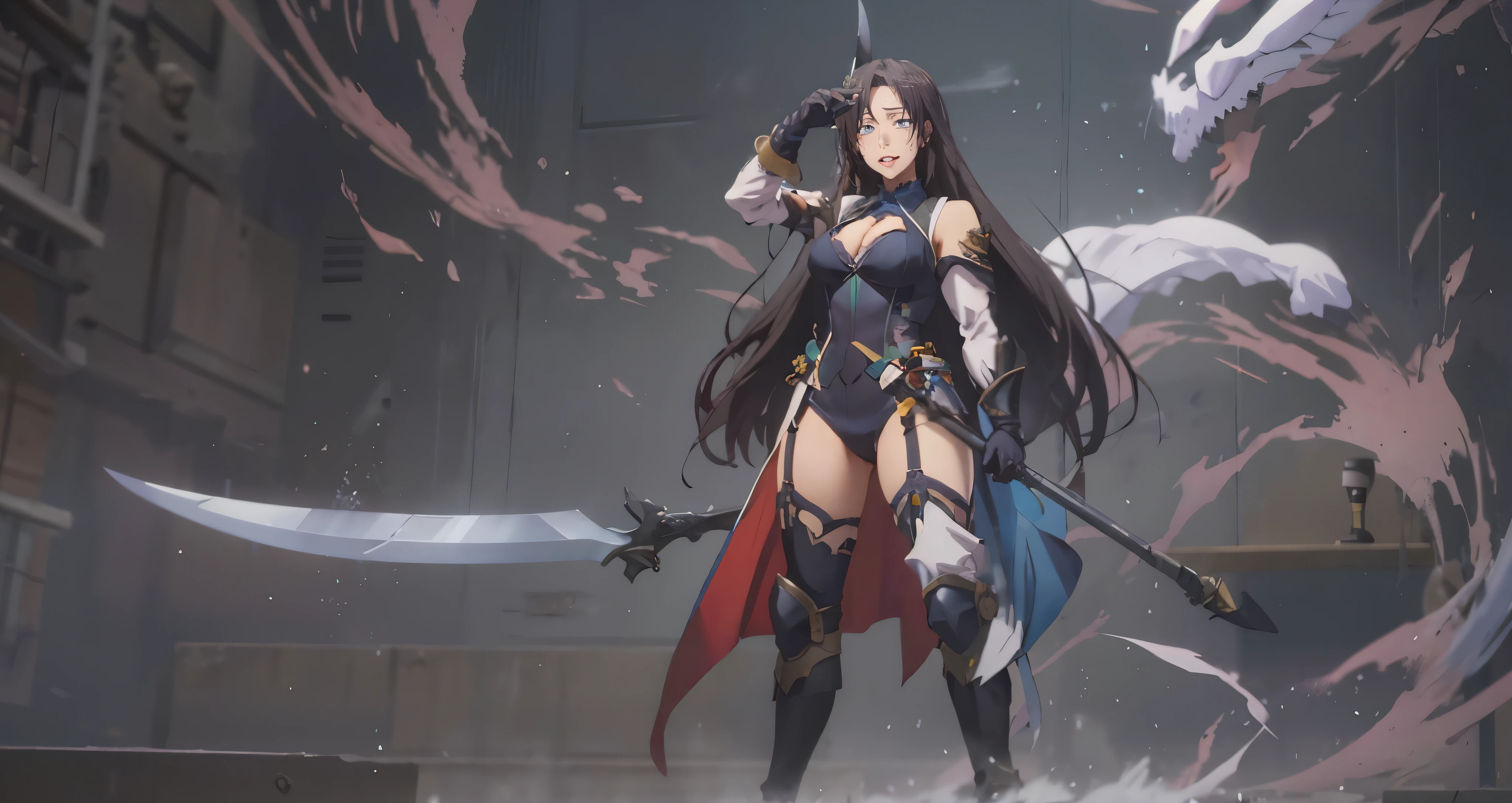 sensei, long hair, blac hair, blue eyes 1girl, solo, breasts, weapon, leotard, holding, thighhighs, large_breasts, looking_at_viewer, cleavage, holding_weapon, polearm, boots, cleavage_cutout, standing, armored_boots, gloves, armor, arm behind head, white_leotard, "glow effects, godrays, Hand drawn, render, 8k, octane render, cinema 4d, blender, dark, atmospheric 4k ultra detailed, cinematic, Sharp focus, big depth of field, Masterpiece, colors, 3d octane render, 4k, concept art, trending on artstation, hyperrealistic, Vivid colors, extremely detailed CG unity 8k wallpaper, trending on CGSociety, Intricate, High Detail, dramatic", anime coloring, anime screencap,