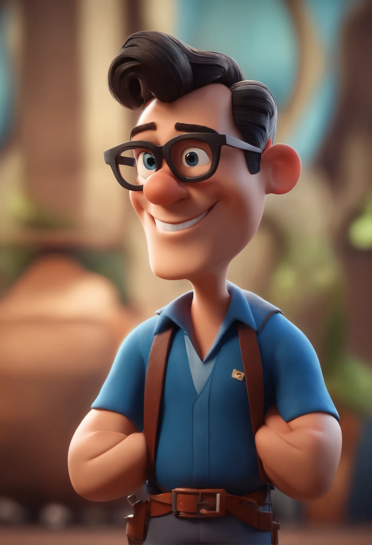 Cartoon character of a man with black glasses and a blue shirt, animation character, Caractere estilizado, animation style rendering, 3D estilizado, Arnold Maya render, 3 d render stylized, toon render keyshot, Personagem 3D, Personagem 3D, 3d rendering stylized, 3 d character render, personagem de desenho animado, Personagem de close up, Pose de personagem, (Estilo Pixar) (master part:1.2) (Bokeh) (best quality) (pele detalhada) (textura detalhada) (8k) (argila) (Cinematic lighting) (foco nítido
