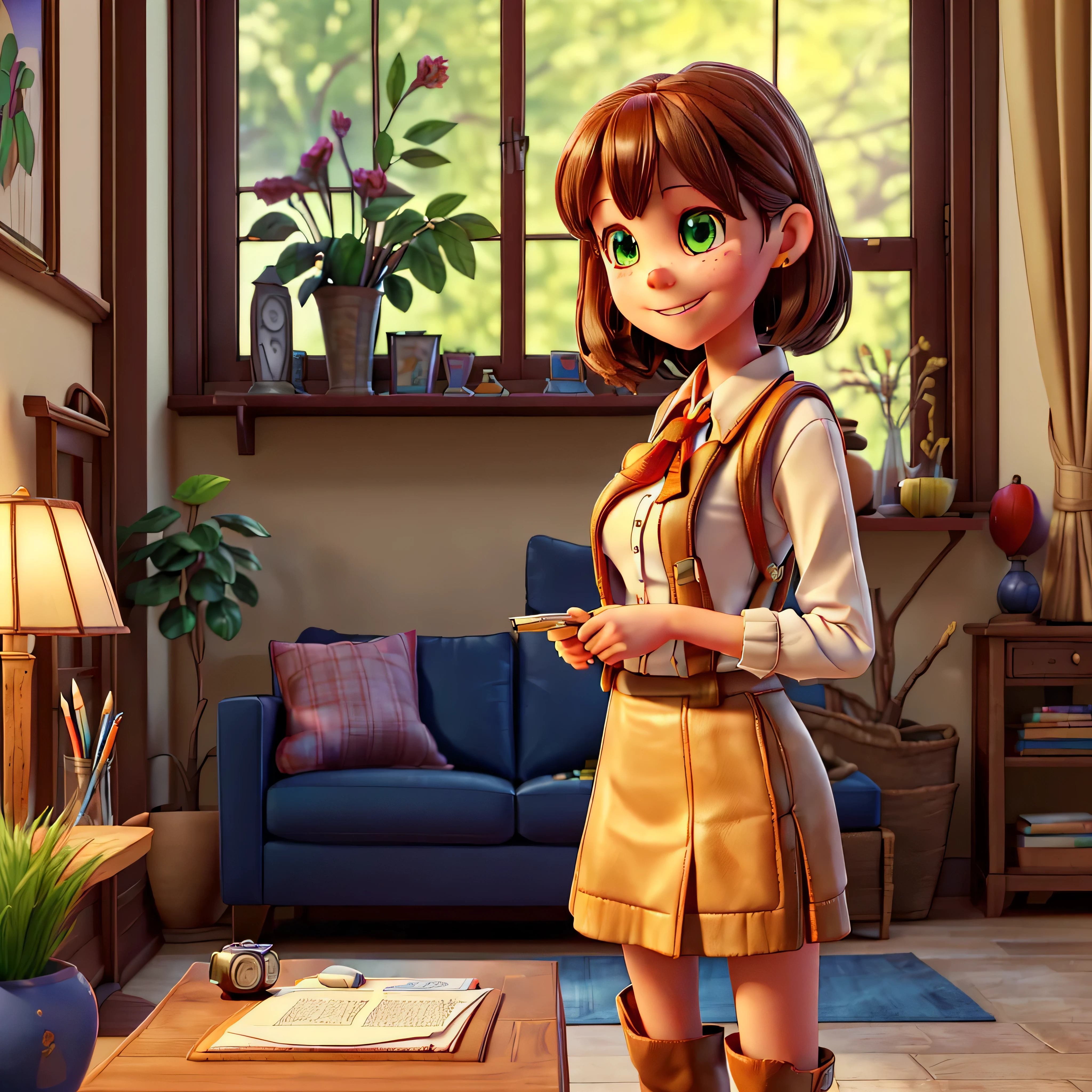 (epic Masterpiece, ultra highest quality, ulra highest resolution, ulra high-definition, distinct_image, very elaborate CG, cinematic lighting, ray tracing, drop shadows, detailed detail, (photorealistic: 1.4), ultra high quality textures, fine-grained, realistic face expression): (lone girl, face is Japan, brown short hair, small size breasts, sparkling eyes, Eye level shot, happy smile, beauty, slim body, holiday, own room, console game, computer, display, keyboard, mouse, long leather skirt, collared shirt, leather vest, handgun holder, carrying leather bag on your back, long boots, antique radio, coffee, model train, bookshelf, spacious yellowchair, Pots, fans, paintings, stuffed animals, ties, notebooks, stationery, vases, photo frames, letters, fountain pens, calendars, lamps, cushions, baskets, mirrors reflecting in profile, candles, telephone, fruit, newspapers, sweets, city Eiffel view outside the window frog) varied multi etc. --v6 --s1000 --c20 --q5 --chaos100