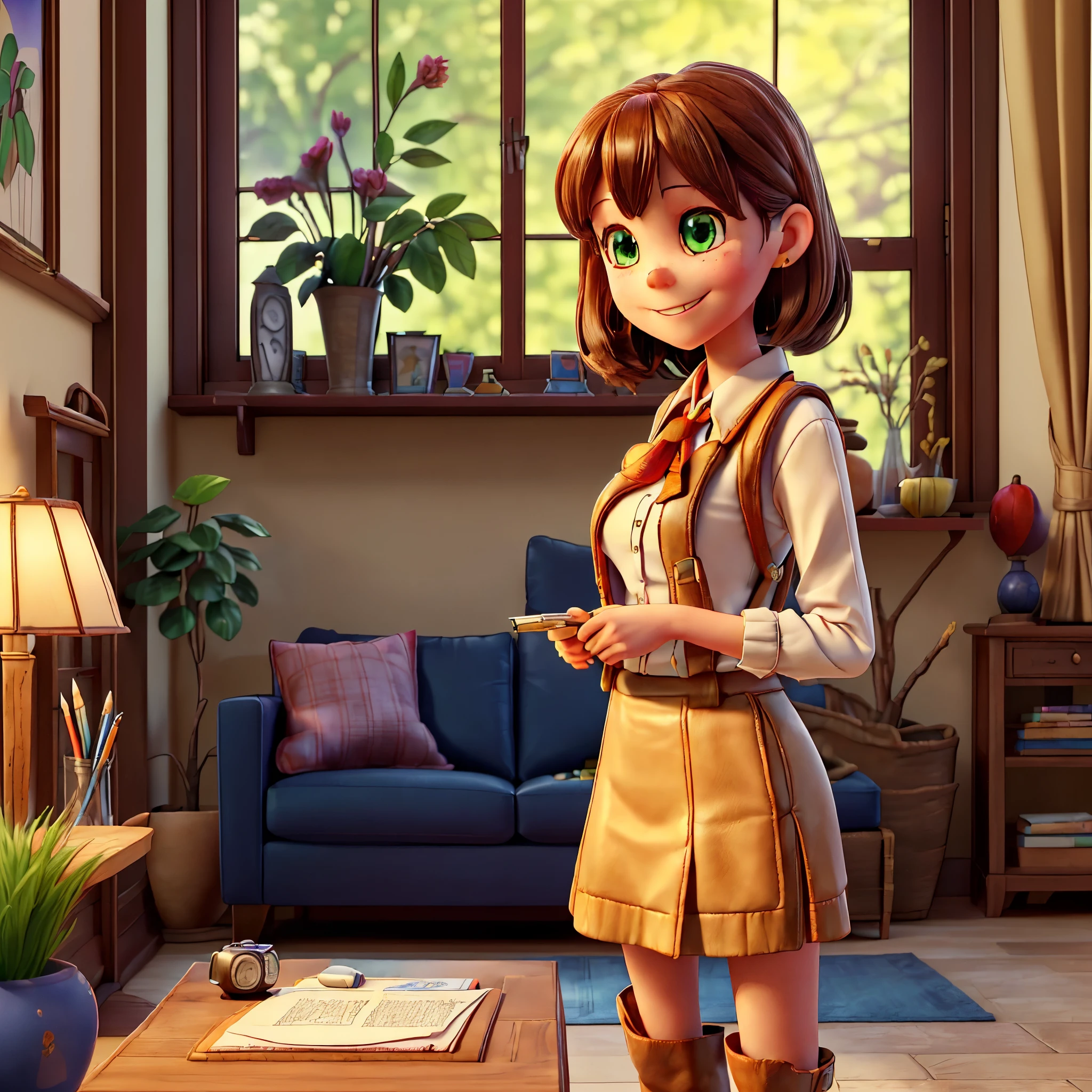 (epic Masterpiece, ultra highest quality, ulra highest resolution, ulra high-definition, distinct_image, very elaborate CG, cinematic lighting, ray tracing, drop shadows, detailed detail, (photorealistic: 1.4), ultra high quality textures, fine-grained, realistic face expression): (lone girl, face is Japan, brown short hair, small size breasts, sparkling eyes, Eye level shot, happy smile, beauty, slim body, holiday, own room, console game, computer, display, keyboard, mouse, long leather skirt, collared shirt, leather vest, handgun holder, carrying leather bag on your back, long boots, antique radio, coffee, model train, bookshelf, spacious yellowchair, Pots, fans, paintings, stuffed animals, ties, notebooks, stationery, vases, photo frames, letters, fountain pens, calendars, lamps, cushions, baskets, mirrors reflecting in profile, candles, telephone, fruit, newspapers, sweets, city Eiffel view outside the window frog) varied multi etc. --v6 --s1000 --c20 --q5 --chaos100