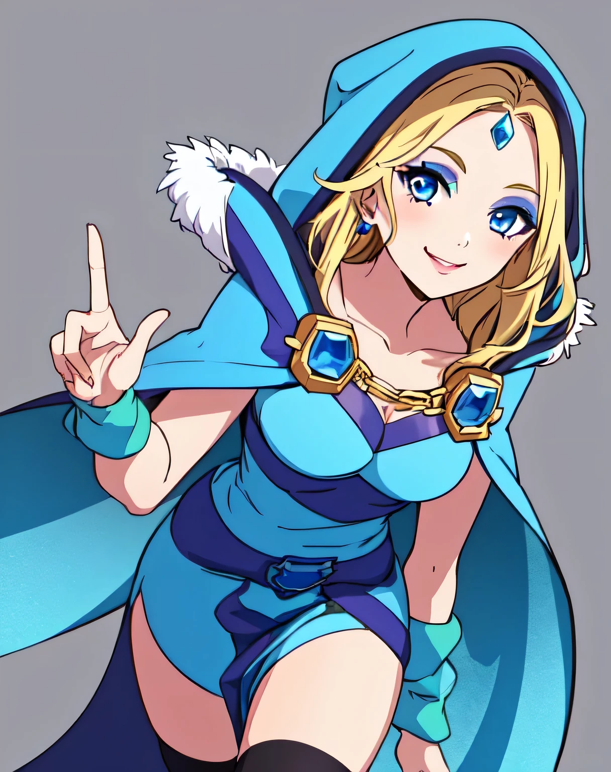 crystalmaiden, makeup, blue dress, hood, fur trim, blue cape, pelvic curtain, arm warmers, black thighhighs, jewelry, cleavage, blonde hair, blue eyes, 1girl, solo, upper body, facing viewer, (looking at viewer:1.5), in the center, smile,