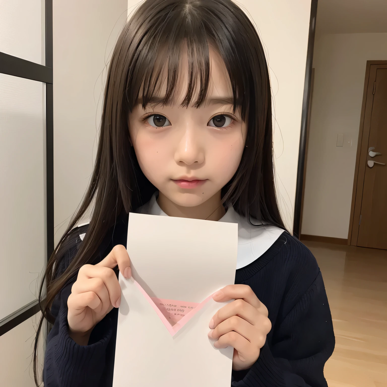 realistic pictures、Highest品質、ultra high resolution、Professional specifications、((とてもロリなprimary school studentが手紙を差し出す))、(((Hold the letter with both hands)))、school classroom、sailor suit、primary school student、con、Highest、10 ye confession、pink square letters、embarrassing、blush、