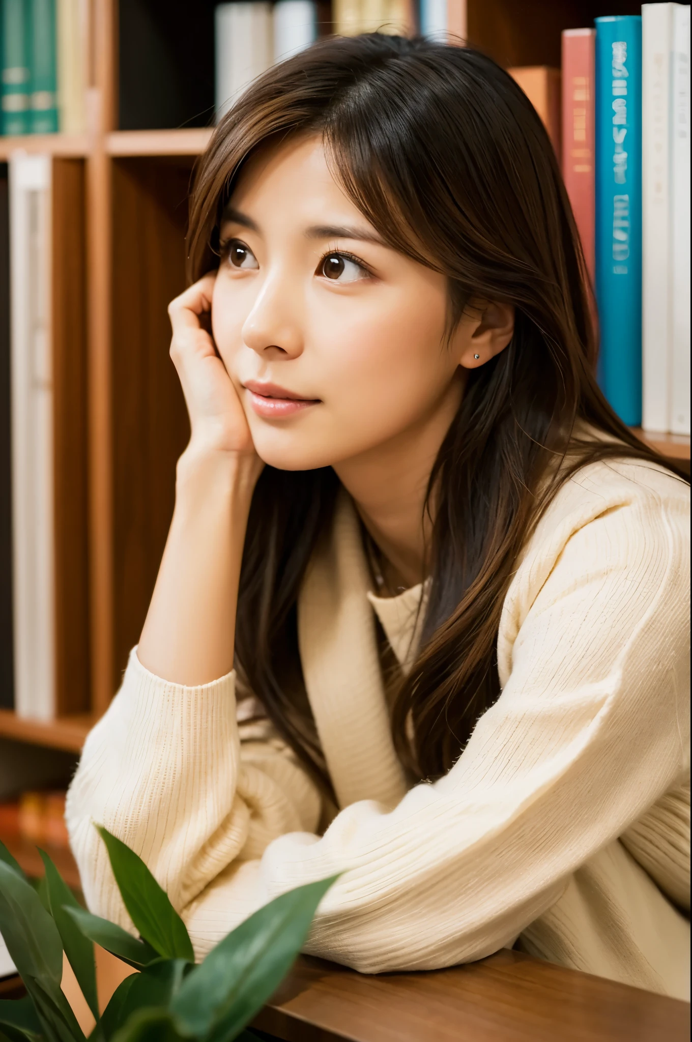 A portrait of a 30-year-old Japanese woman who is a psychologist and a counselor for love and marital life. She has long, slightly brown hair and large, beautiful eyes. Her expression is calm, conveying warmth and professionalism as if she is listening to a client during a counseling session. The background features an office environment in soothing colors, decorated with books and plants to create a comfortable atmosphere. Her attire is in an approachable office casual style, reflecting her warm personality.