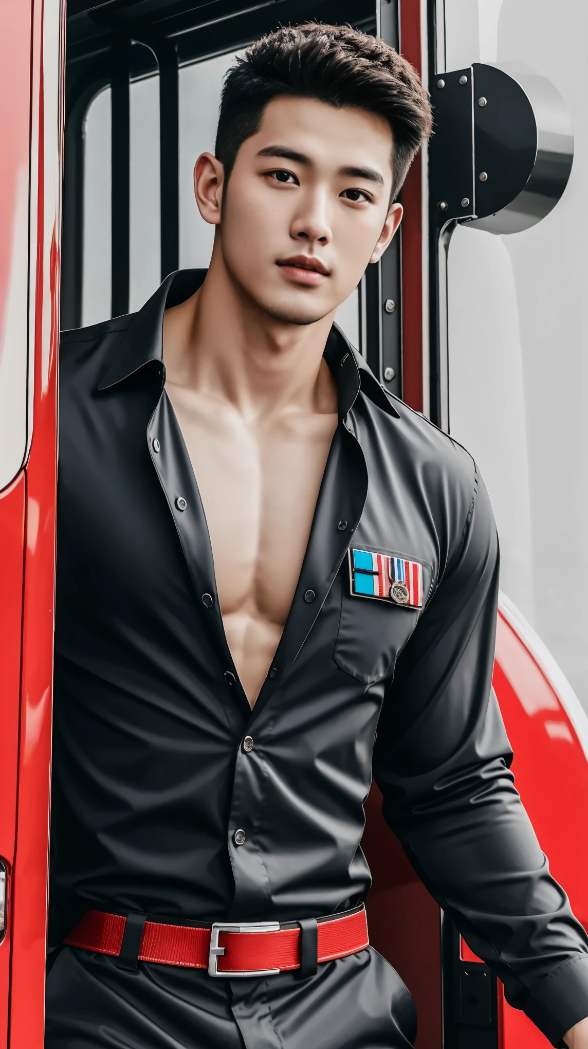 Best quality , Handsome, Military youth, fireman，exteriors，fire truck, full body, sexy, shirtless, chest hair, puberty hair, facial hair,8k 