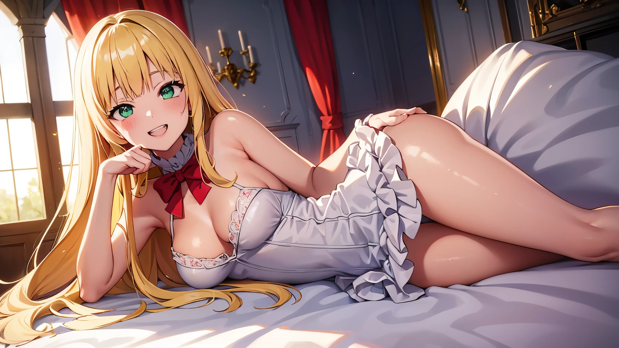 (masterpiece:1.3), (best quality:1.3), high resolution,
sexy, girl solo, garota sozinha
couboy shot,
body facing forward, peitos grandes, roupas sensuais
vestido preto, roupa preta de rendinha, garota usando um vestido de rendas pretas
(one cute girl:1.3), solo,
white skin, small Breast, eight-headed person,
light yellow hair, long hair, red ribbon, fluffy hair, beautiful hair, green eyes, beautiful detailed eyes,
open mouth, grin, cheerful smile,
frilled dress, pink dresses,
indoors, inside the castle, luxury rooms,
shadowlighting,