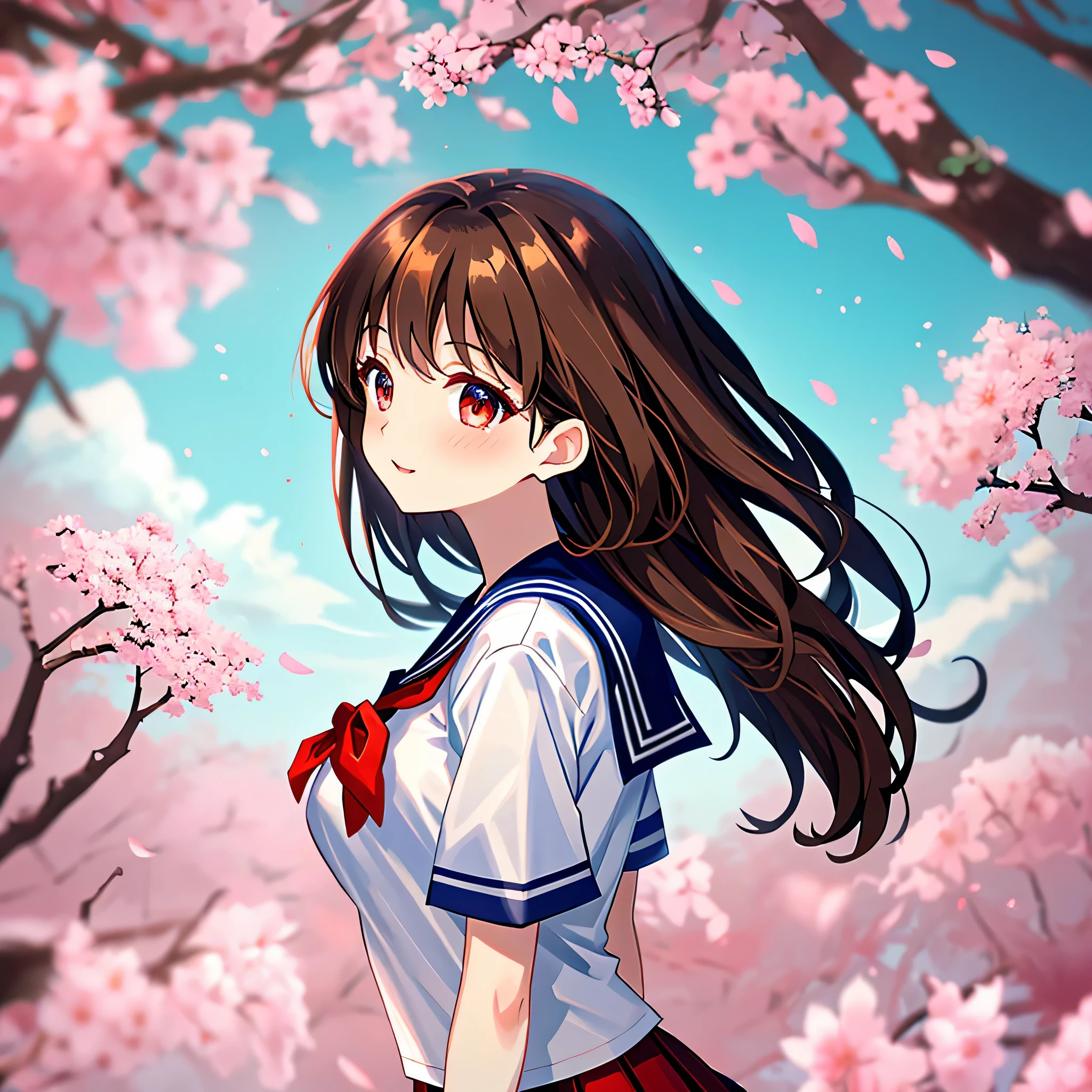 background only,cherry blossoms,On the way home,Japan,sailor suit,high school girl,masterpiece, highest quality,shape,brown hair,red eyes,super dense skin,fine and beautiful eyes