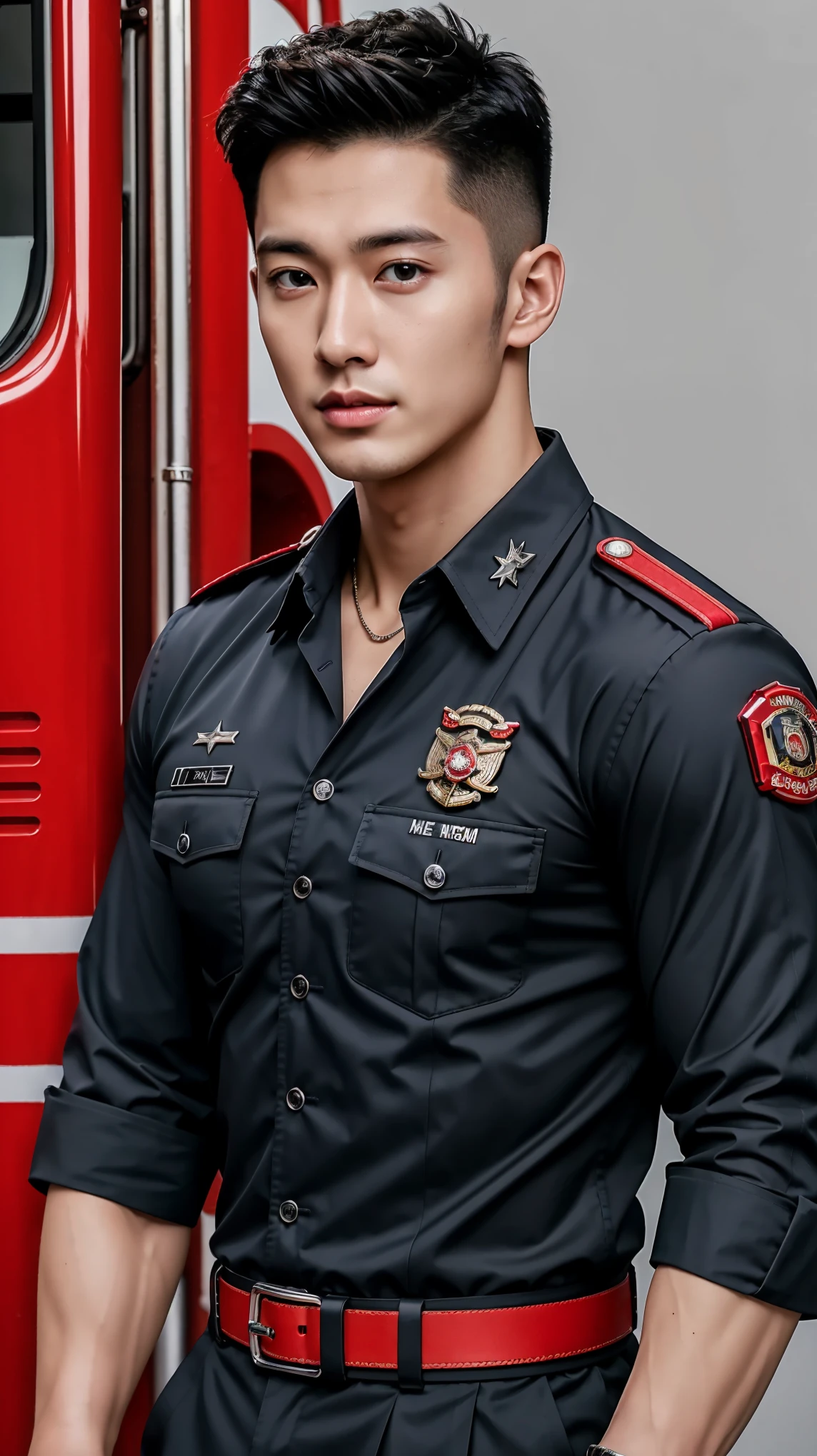 Best quality , Handsome, Military youth, fireman，exteriors，fire truck, full body, sexy, shirtless, chest hair, puberty hair, facial hair,8k 