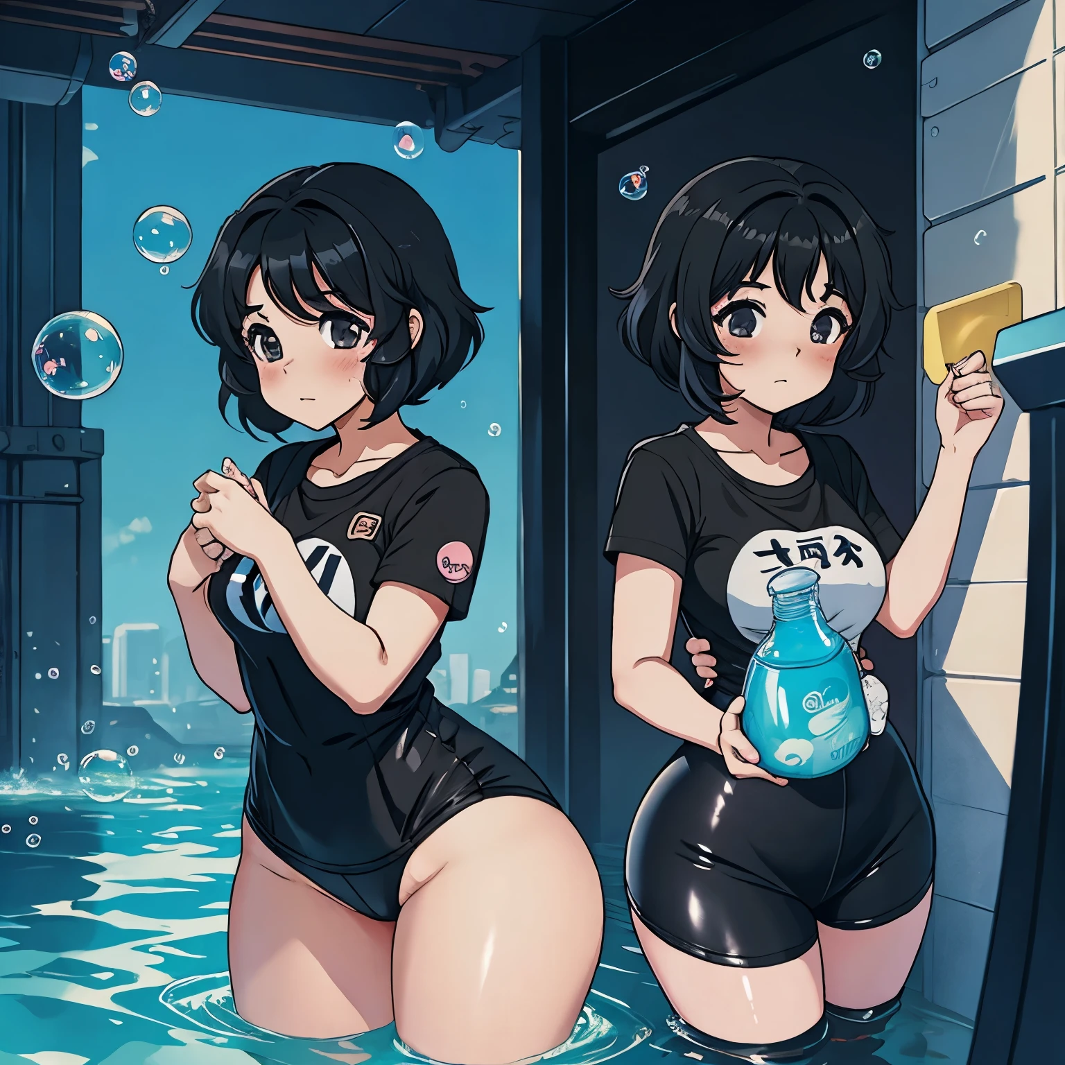 Anime, girl, shy, short black wavy hair, thick thighs, slim waste, bubble butt, medium , cute