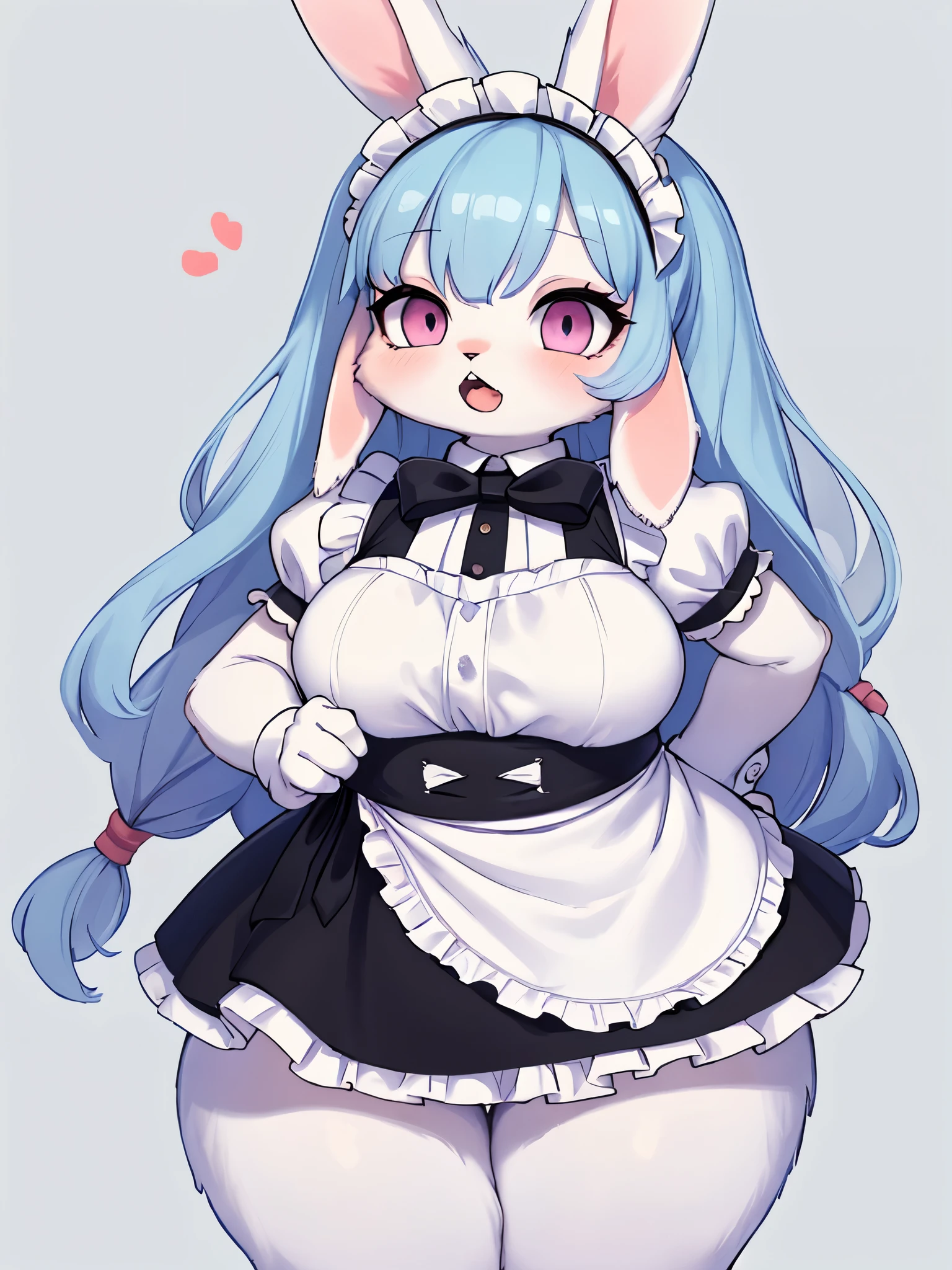 (a white young female rabbit furry), white fur, black fur on ear's edje, light blue curly hair, pink eyes, kemomo, bbw, plump, small, short height, young furry, little, opening mouth, cute rabbit teeth, chibi, lovely background, maid costume