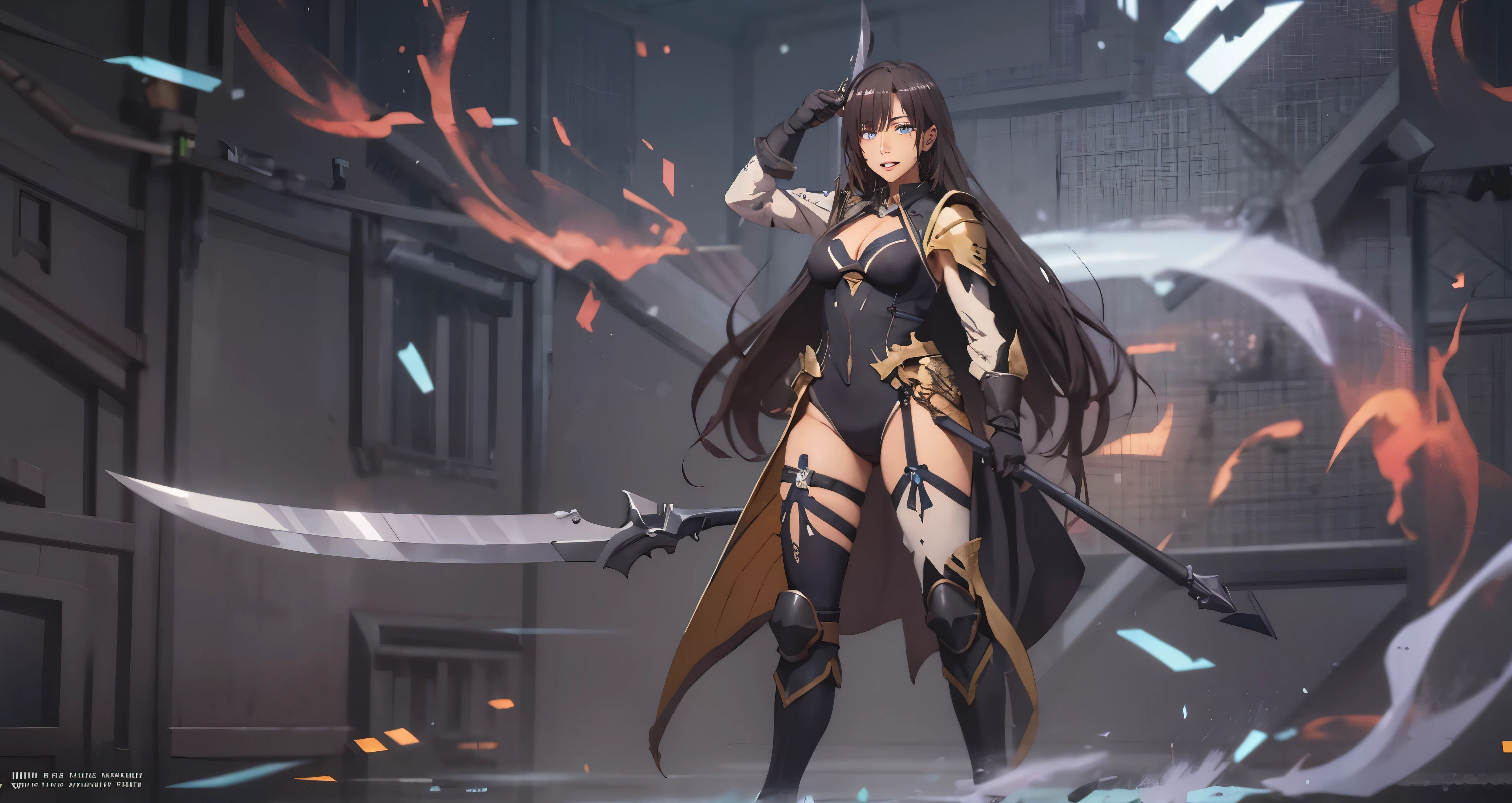 sensei, long hair, blac hair, blue eyes 1girl, solo, breasts, weapon, leotard, holding, thighhighs, large_breasts, looking_at_viewer, cleavage, holding_weapon, polearm, boots, cleavage_cutout, standing, armored_boots, gloves, armor, arm behind head, white_leotard, "glow effects, godrays, Hand drawn, render, 8k, octane render, cinema 4d, blender, dark, atmospheric 4k ultra detailed, cinematic, Sharp focus, big depth of field, Masterpiece, colors, 3d octane render, 4k, concept art, trending on artstation, hyperrealistic, Vivid colors, extremely detailed CG unity 8k wallpaper, trending on CGSociety, Intricate, High Detail, dramatic", anime coloring, anime screencap,