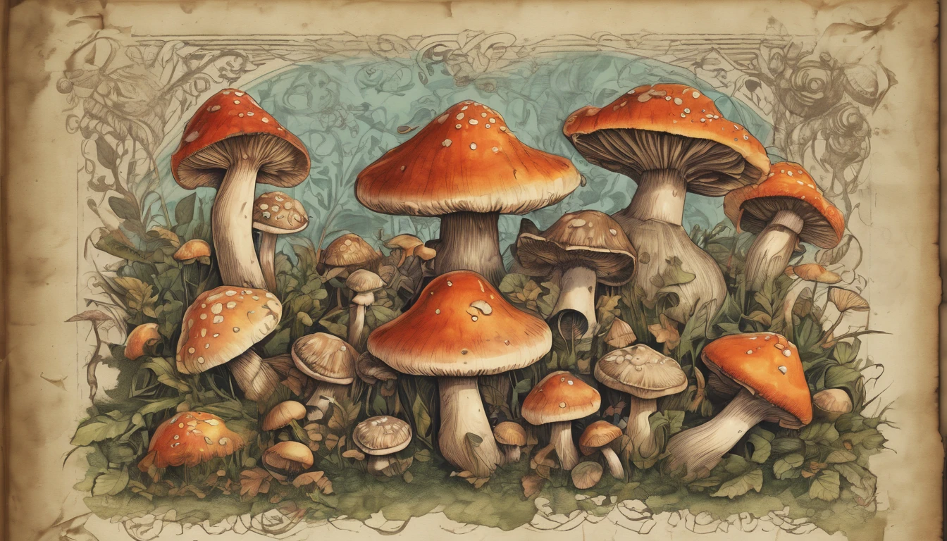 (best quality,4k,8k,highres,masterpiece:1.2),ultra-detailed,(realistic,photorealistic,photo-realistic:1.37),illustration,crude,hand-drawn,goblin-inspired font,mushroom-themed graphics,mossy textures,woodblock printing effect,detailed parchment paper background,aged and weathered appearance,vibrant color palette,fine detail depiction,shadow and highlights,creeping vine details,rough brush strokes,inky black outlines,whimsical and mischievous feel,gritty and organic textures,meticulously carved glyphs,bold and playful character designs,multitude of mushrooms,variety of shapes and sizes,spotted and striped patterns, dotted lines connecting the alphabets,3D effect on each letter,pixel art-inspired mushrooms,unique mushroom-themed symbols,hand-drawn borders and dividers,handwritten title "Goblin's Mushroom Font" in an ornate calligraphy style,intricate details on each letter,with a slight tilt,shaded edges,gouache painting style,captivating storytelling elements,compelling composition,charming and quirky illustrations,A to Z alphabet page,each character neatly arranged,different font sizes and weights,consistent spacing between letters and lines,scanned paper texture,paper grain effect,onion skin texture,vivid color gradients,playful typography style,hand-carved wooden frame around the page,subtle ink smudges,stylized goblin faces incorporated into some letters,soft and diffused lighting.