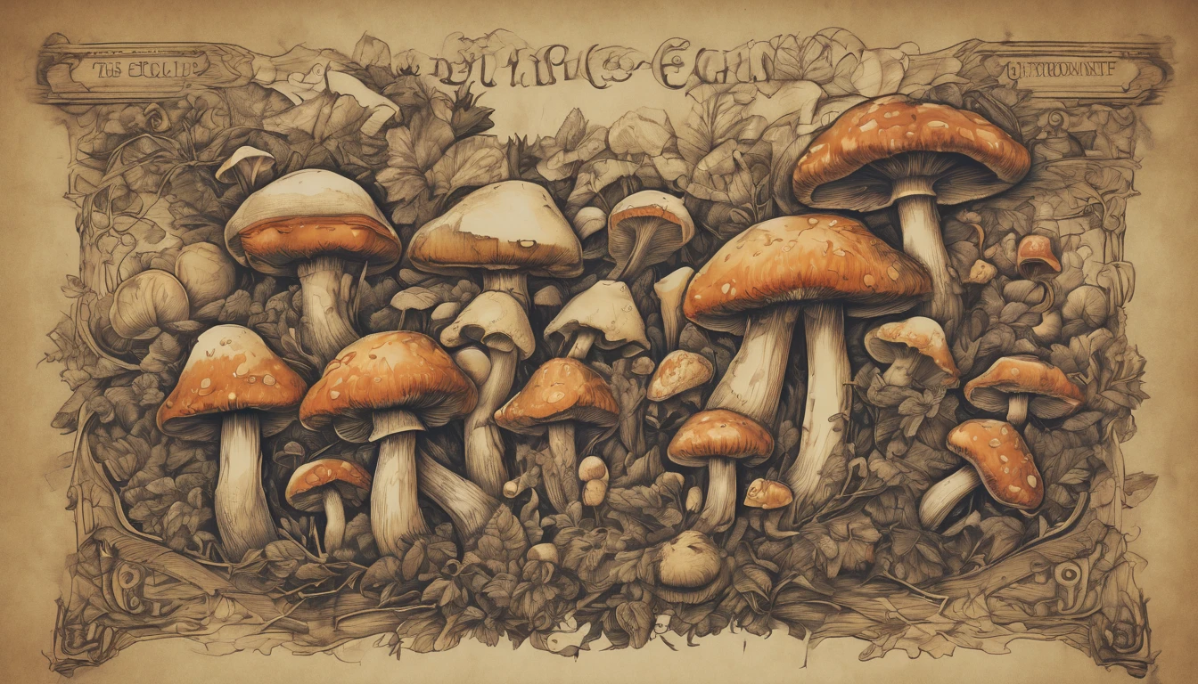 (best quality,4k,8k,highres,masterpiece:1.2),ultra-detailed,(realistic,photorealistic,photo-realistic:1.37),illustration,crude,hand-drawn,goblin-inspired font,mushroom-themed graphics,mossy textures,woodblock printing effect,detailed parchment paper background,aged and weathered appearance,vibrant color palette,fine detail depiction,shadow and highlights,creeping vine details,rough brush strokes,inky black outlines,whimsical and mischievous feel,gritty and organic textures,meticulously carved glyphs,bold and playful character designs,multitude of mushrooms,variety of shapes and sizes,spotted and striped patterns, dotted lines connecting the alphabets,3D effect on each letter,pixel art-inspired mushrooms,unique mushroom-themed symbols,hand-drawn borders and dividers,handwritten title "Goblin's Mushroom Font" in an ornate calligraphy style,intricate details on each letter,with a slight tilt,shaded edges,gouache painting style,captivating storytelling elements,compelling composition,charming and quirky illustrations,A to Z alphabet page,each character neatly arranged,different font sizes and weights,consistent spacing between letters and lines,scanned paper texture,paper grain effect,onion skin texture,vivid color gradients,playful typography style,hand-carved wooden frame around the page,subtle ink smudges,stylized goblin faces incorporated into some letters,soft and diffused lighting.