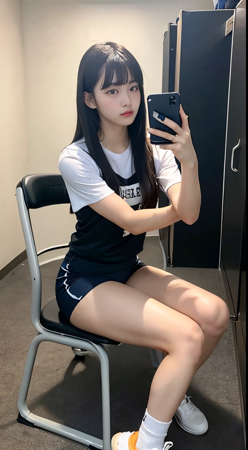 ((realistic lighting, highest quality, 8K, masterpiece, medium shot: 1.3)), clear focus: 1.2, 1 girl, perfect figure: 1.4, plump bust,((long black hair)),((With bangs)),In the changing room, Lockers etc. in the background,sitting on a chair,Moderately thin calves,exposed thighs,navy blue ankle length socks,white sneakers,super fine face, fine eyes, double eyelid,Dark blue bloomers worn by female track and field athletes、Round neck white short sleeve T-shirt,Taking a selfie with a black smartphone in his right hand,Your face is hidden by your smartphone