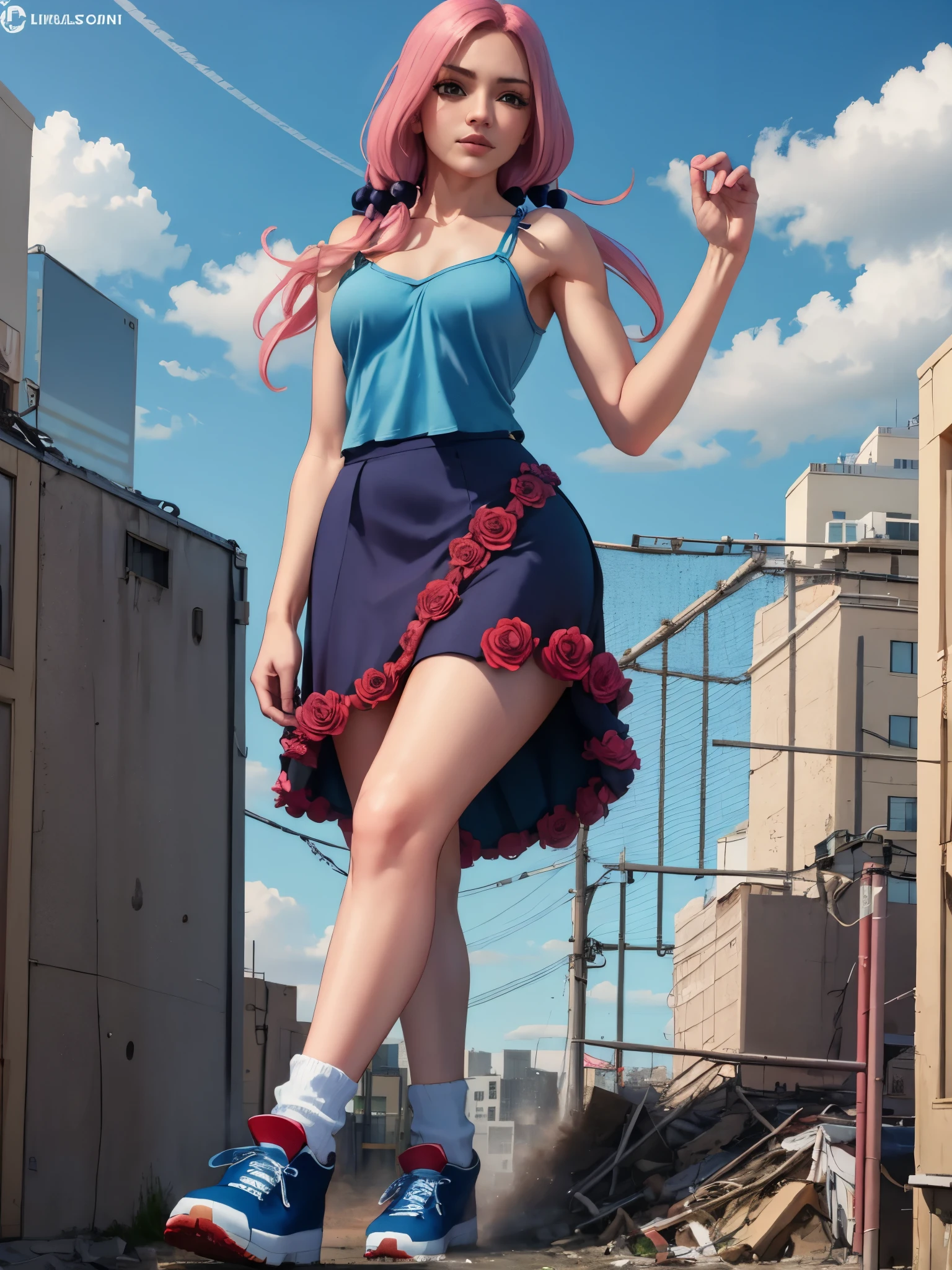 (masterpiece, best quality:1.2), solo, 1girl, giantess, hirose yasuho, slight smile, looking at viewer, hair bobbles, blue camisole, skirt, flower , walking in city