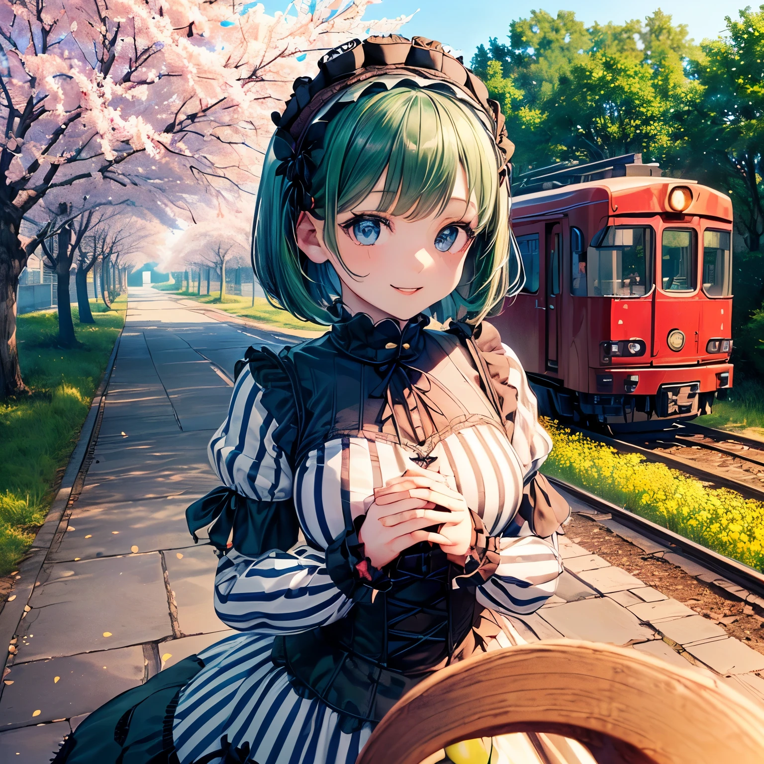 (32k), Highest image quality, Highest image quality, (figure:1.0), 1 girl, big breasts, (((Blue and white stripes, Gothic ta:1.5))), ((Blue and white stripesのウエイトレス:1.4)), (dark pupil:1.4), Shining in black eyes, ((short bob cut, Green Hair:1.3)), lovely blue eyes, (best smile:1.2), (perfect hands:1.4), ((Cherry treeの詳細な背景:1.5)), (rape blossoms:1.3), ((Cherry tree:1.5)), whole body, (Scenery with red train running:1.4), highest quality,Super detailed, masterpiece,