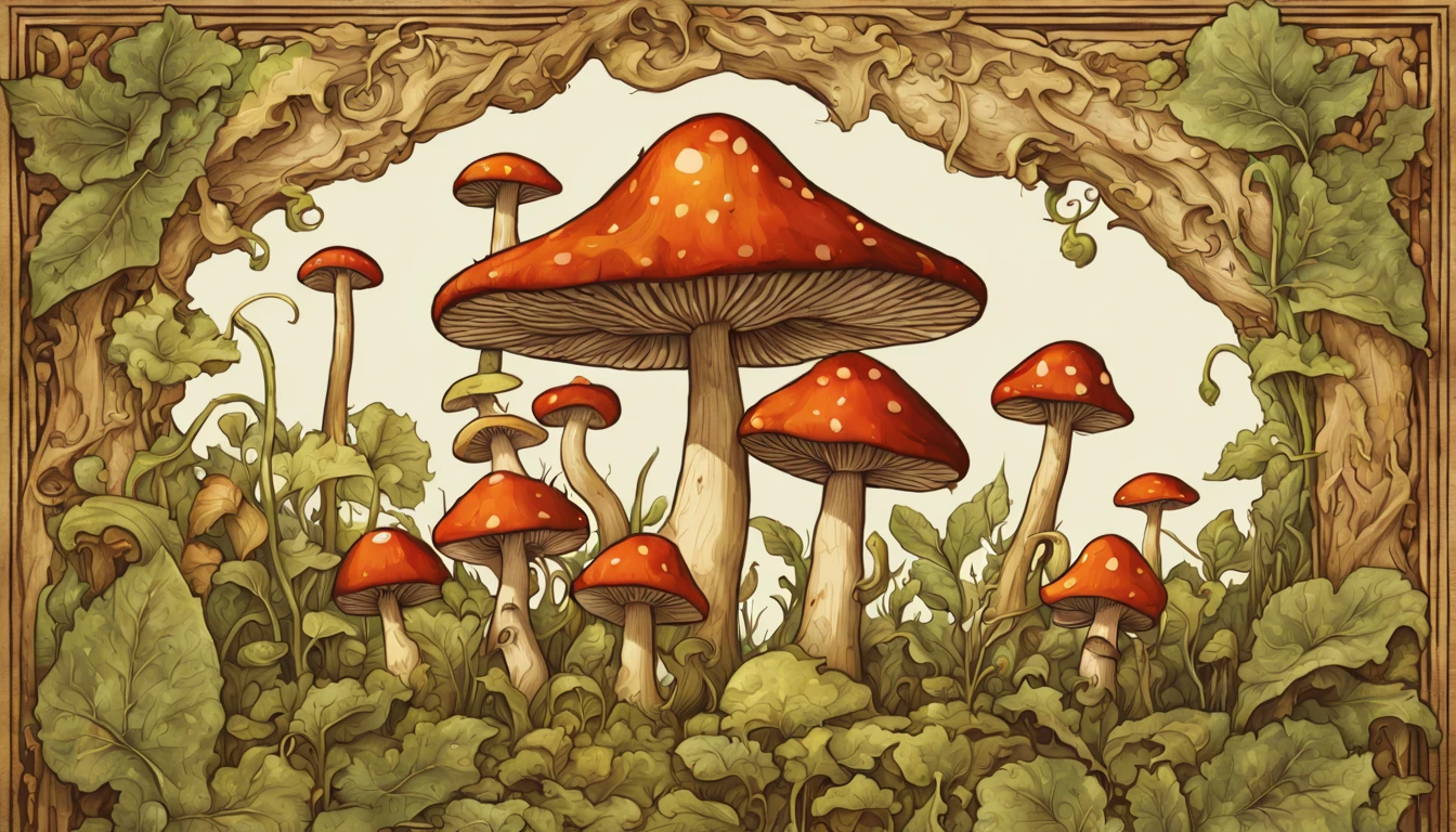 (best quality,4k,8k,highres,masterpiece:1.2),ultra-detailed,(realistic,photorealistic,photo-realistic:1.37),illustration,crude,hand-drawn,goblin-inspired font,mushroom-themed graphics,mossy textures,woodblock printing effect,detailed parchment paper background,aged and weathered appearance,vibrant color palette,fine detail depiction,shadow and highlights,creeping vine details,rough brush strokes,inky black outlines,whimsical and mischievous feel,gritty and organic textures,meticulously carved glyphs,bold and playful character designs,multitude of mushrooms,variety of shapes and sizes,spotted and striped patterns, dotted lines connecting the alphabets,3D effect on each letter,pixel art-inspired mushrooms,unique mushroom-themed symbols,hand-drawn borders and dividers,handwritten title "Goblin's Mushroom Font" in an ornate calligraphy style,intricate details on each letter,with a slight tilt,shaded edges,gouache painting style,captivating storytelling elements,compelling composition,charming and quirky illustrations,A to Z alphabet page,each character neatly arranged,different font sizes and weights,consistent spacing between letters and lines,scanned paper texture,paper grain effect,onion skin texture,vivid color gradients,playful typography style,hand-carved wooden frame around the page,subtle ink smudges,stylized goblin faces incorporated into some letters,soft and diffused lighting.