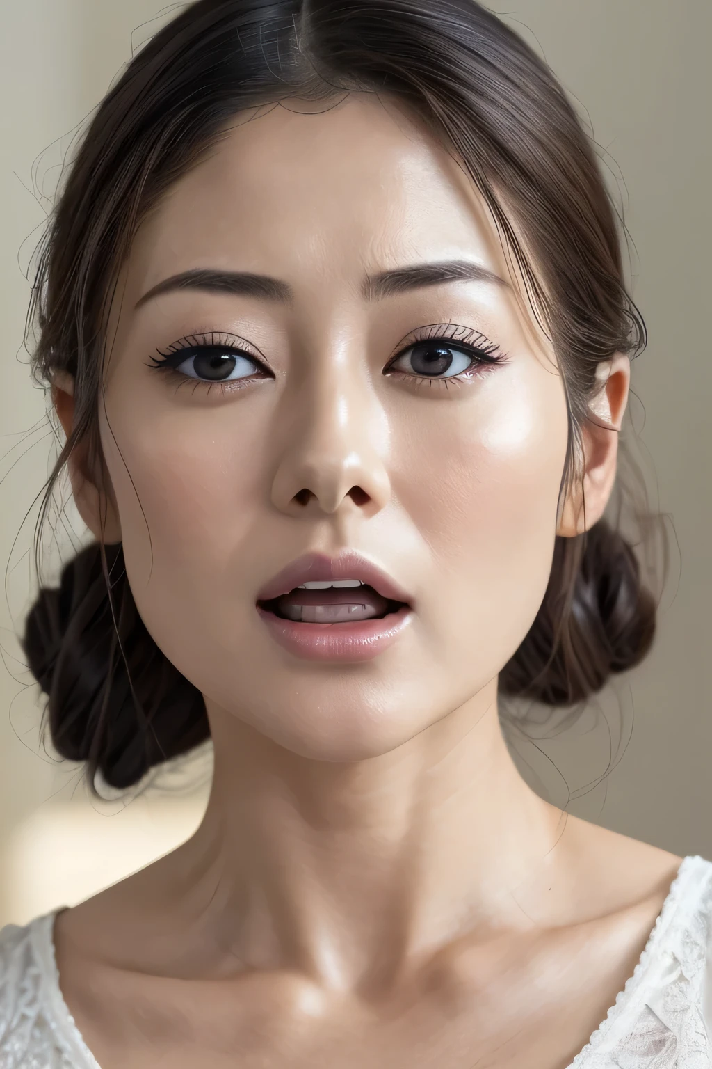 beautiful japanese actress,(photo realistic:1.4), (hyper realistic:1.4), (realistic:1.3),very detailed, edge orgasm,face Focus, woman with open mouth and closed eyes , woman with edge _face、35 years old、black haired、tied up hair,((faceをクローズアップ))white background、camisole,raise your arms behind your head,