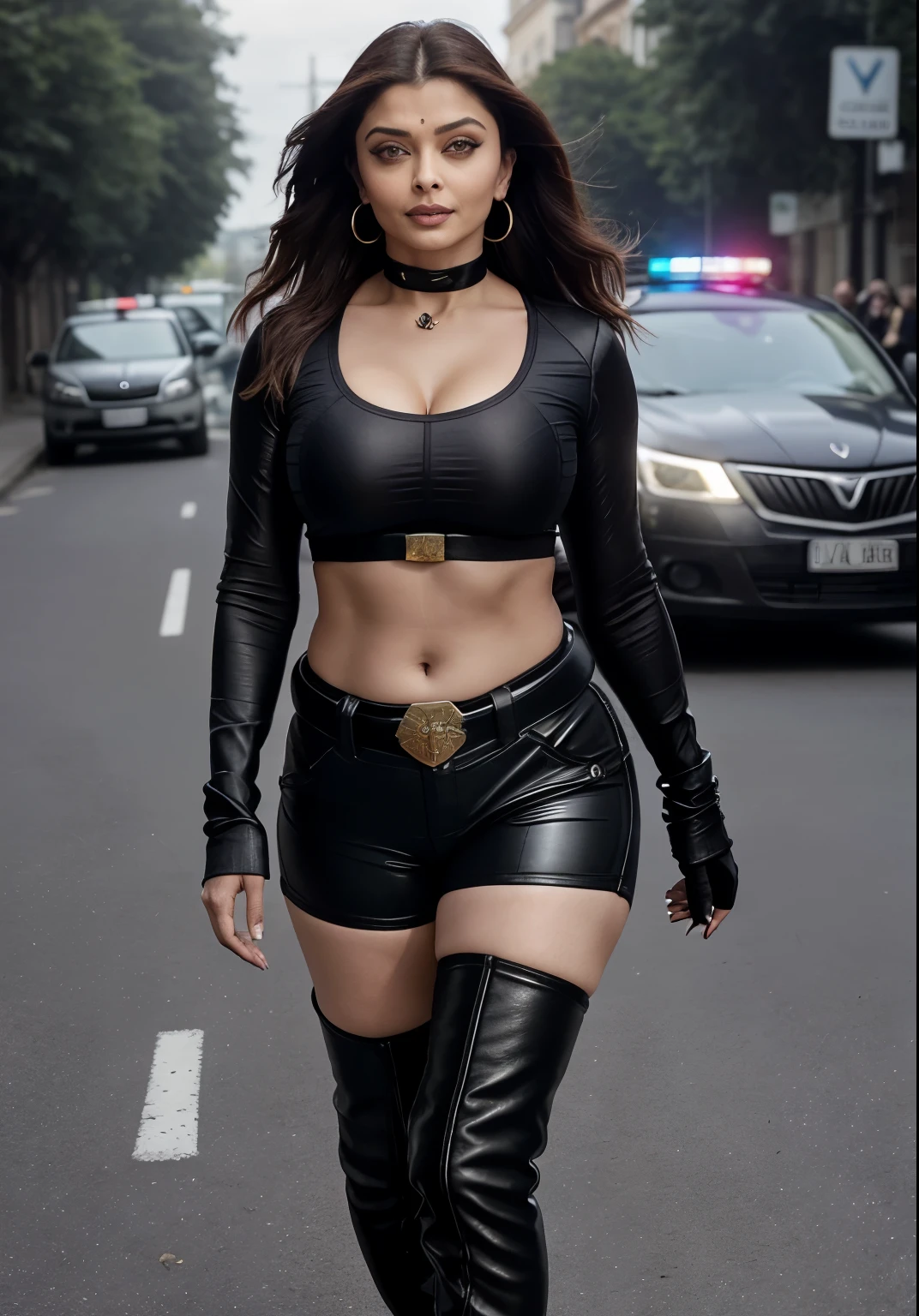 49 yo mature MILF Aishwarya Rai, sexy police lady, black short mini skirt and lace bra, exposing thighs, knee high boots, navel piercing, ponytail hair, athletic curvaceous milf body, hourglass milf figure, perfect breasts, posing in parking lot, soft volumetric lights, intricate details, (ArtStation:1.2)